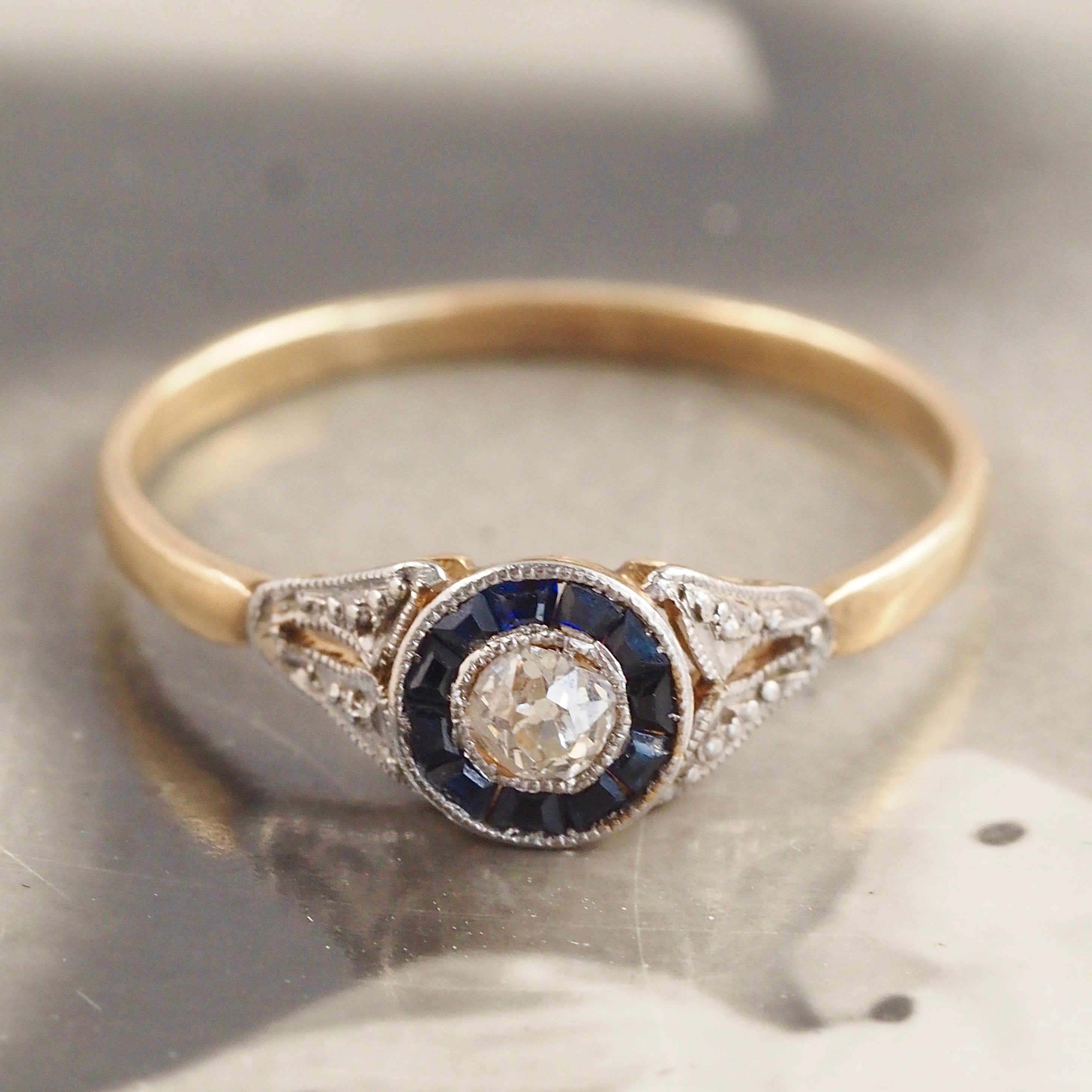 Early Art Deco Sapphire Old Mine Cut Diamond Bullseye 18k Gold Ring