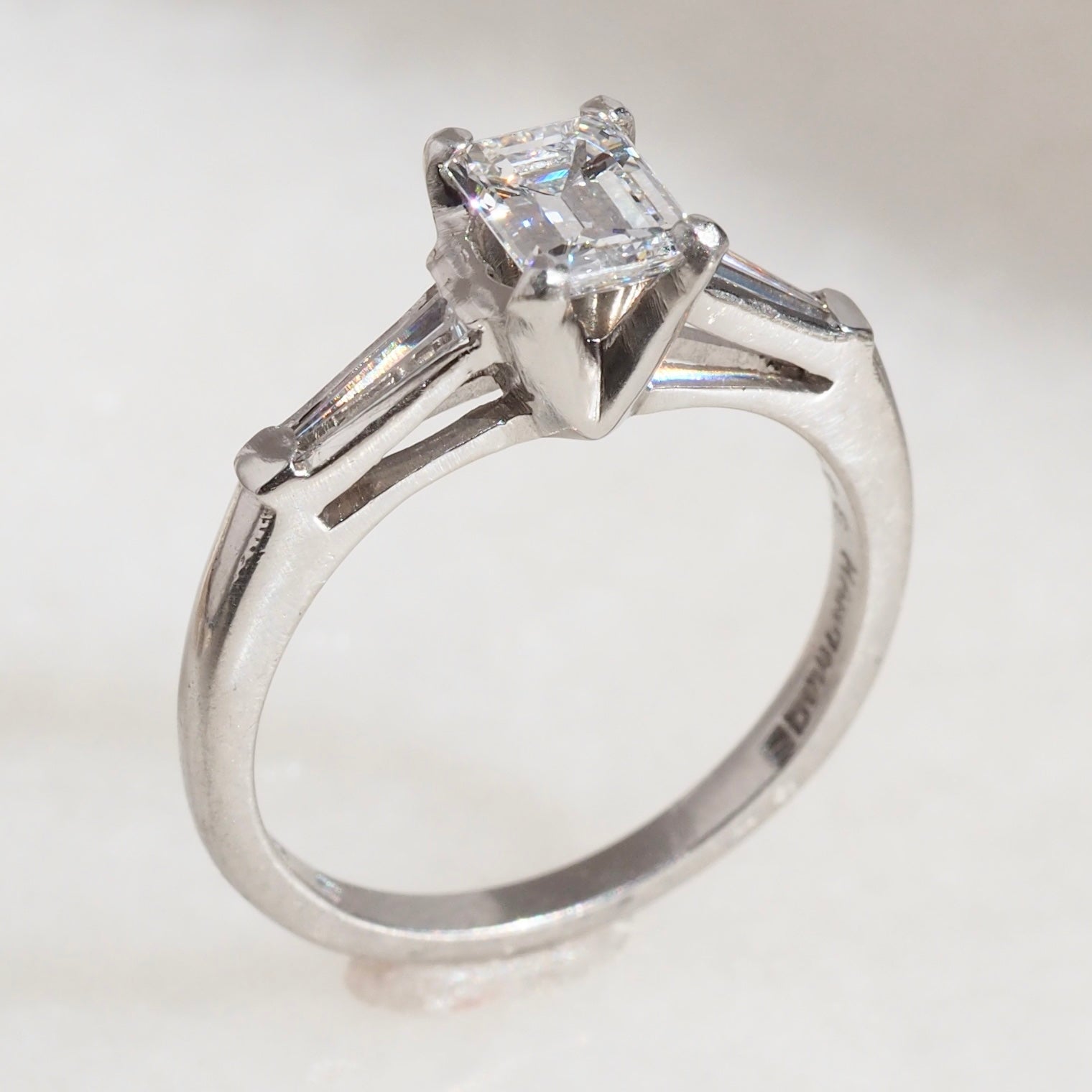 Vintage Platinum Emerald Cut & Tapered Baguette Diamond Engagement Ring