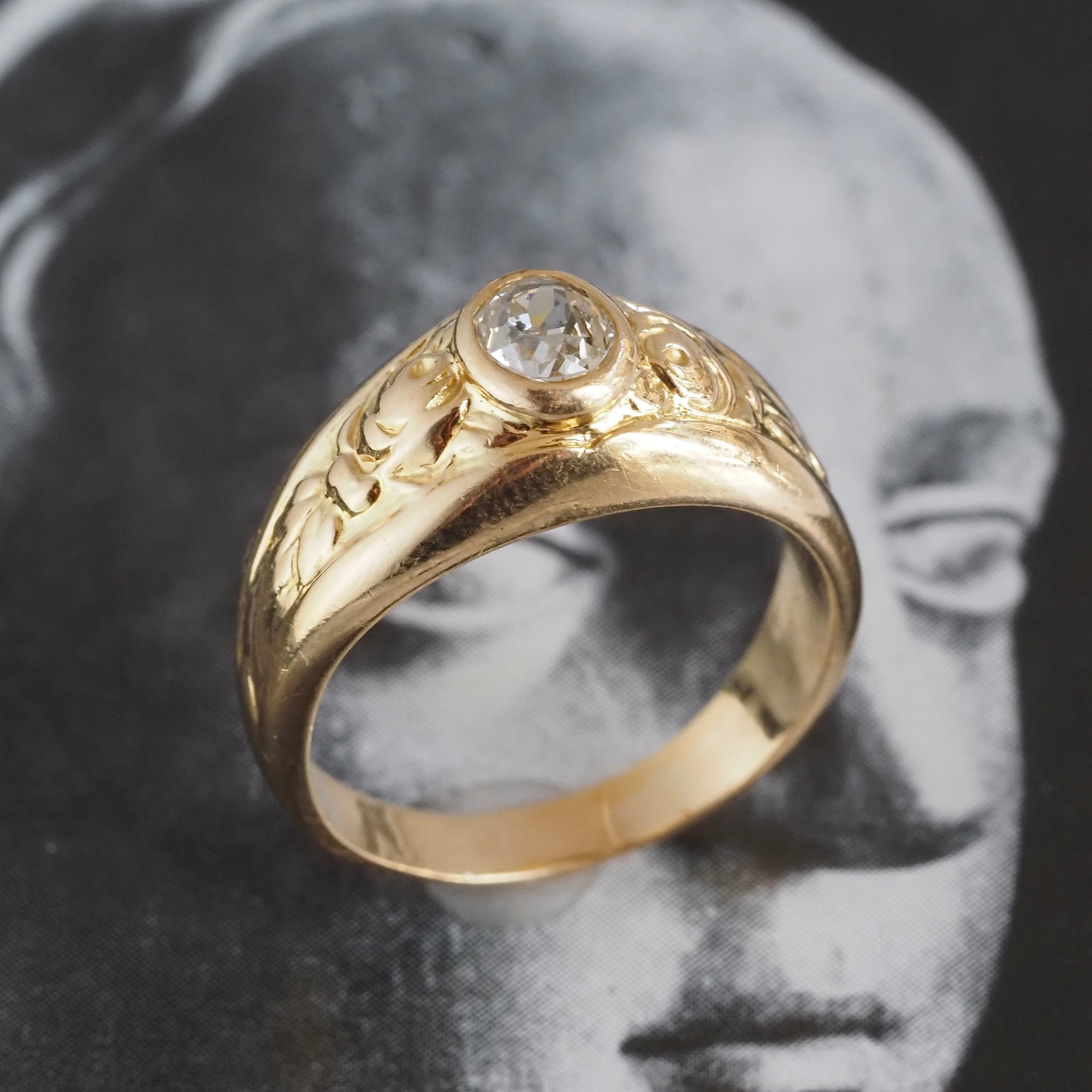 Vintage Bezel Set Old Mine Cut Diamond 18k Gold Dome Floral Engagement Ring