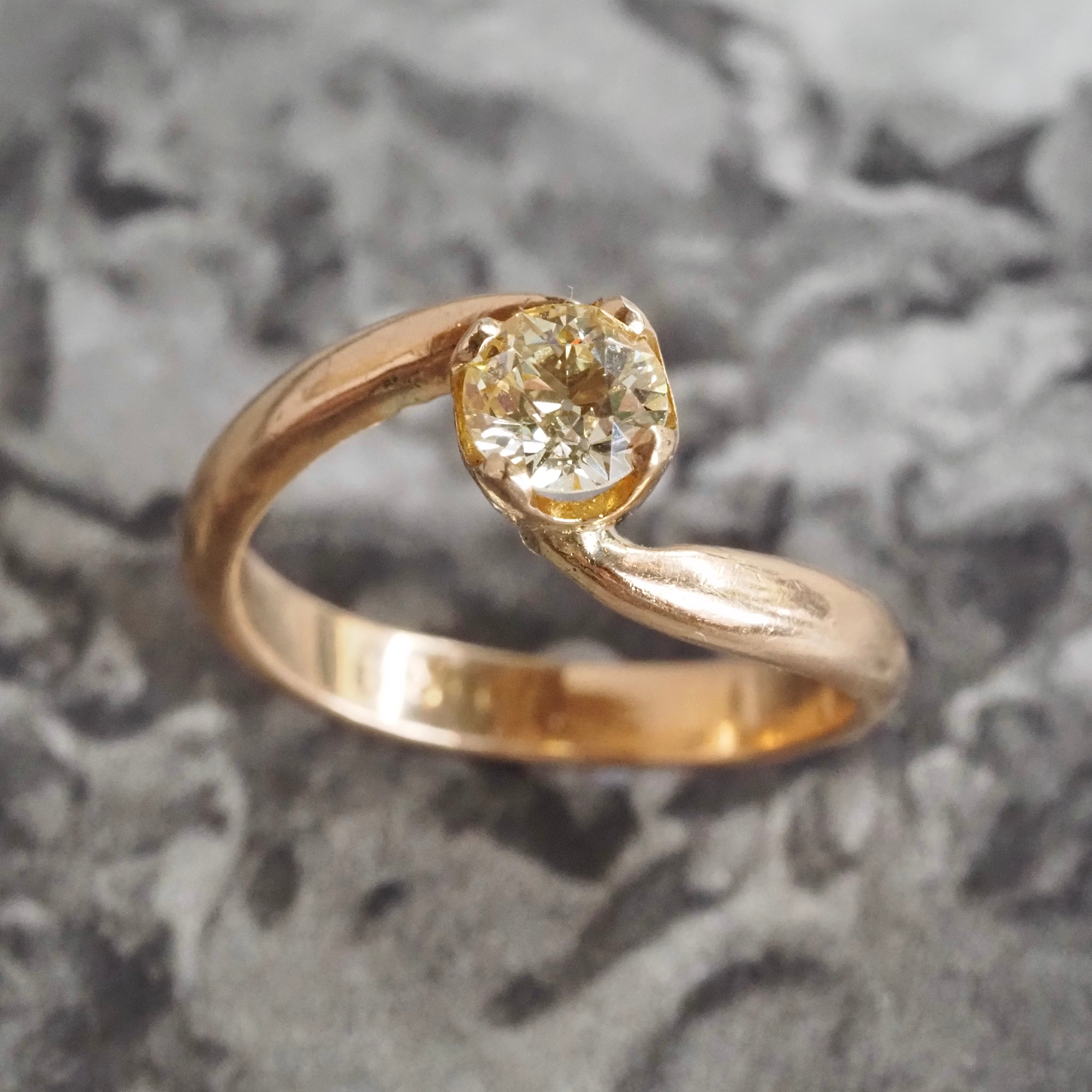 Mid-Century Light Yellow Old European Cut Diamond 14k Gold Bypass Solitaire Engagement Ring
