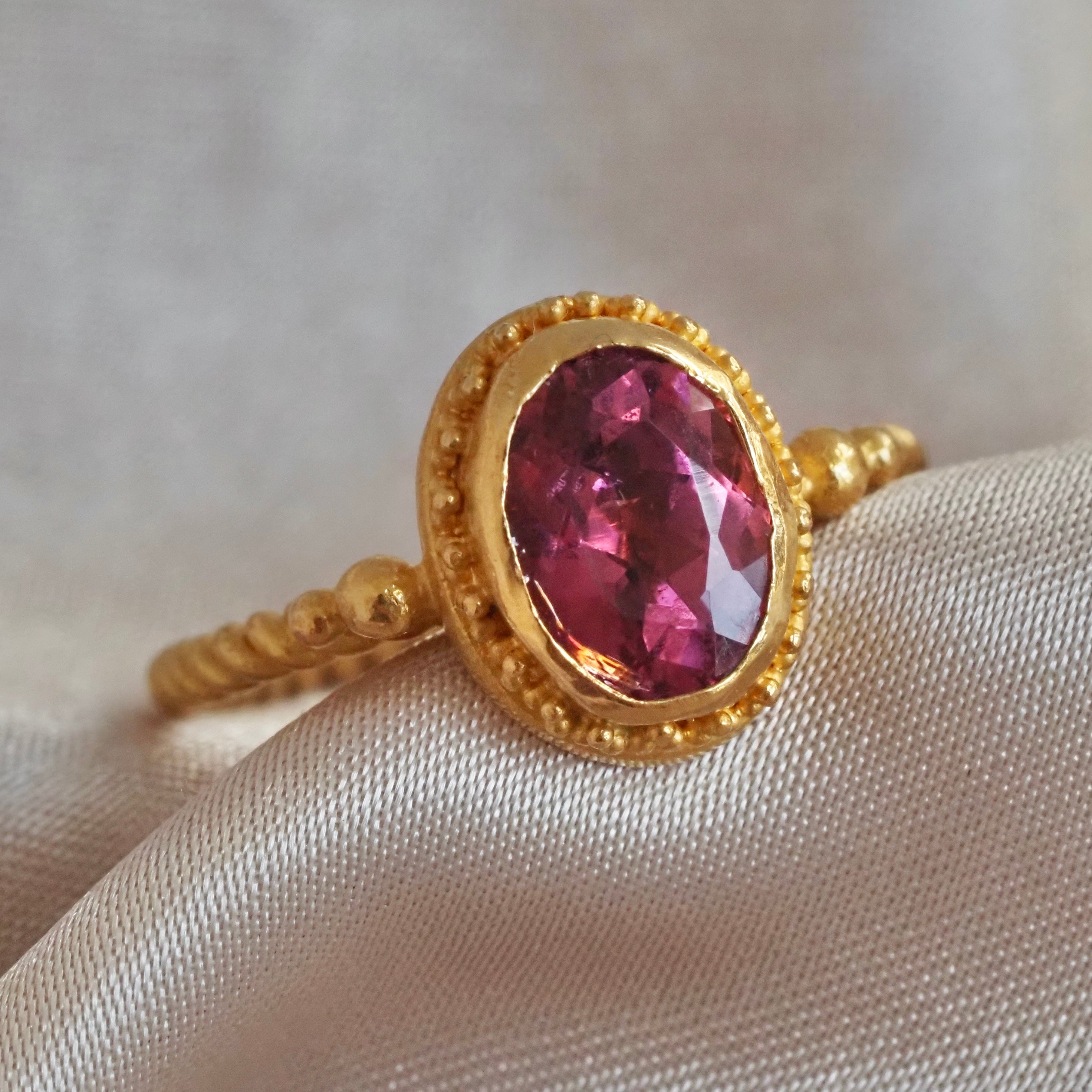 Vintage Etruscan Revival 22k Gold Pink Tourmaline Ring