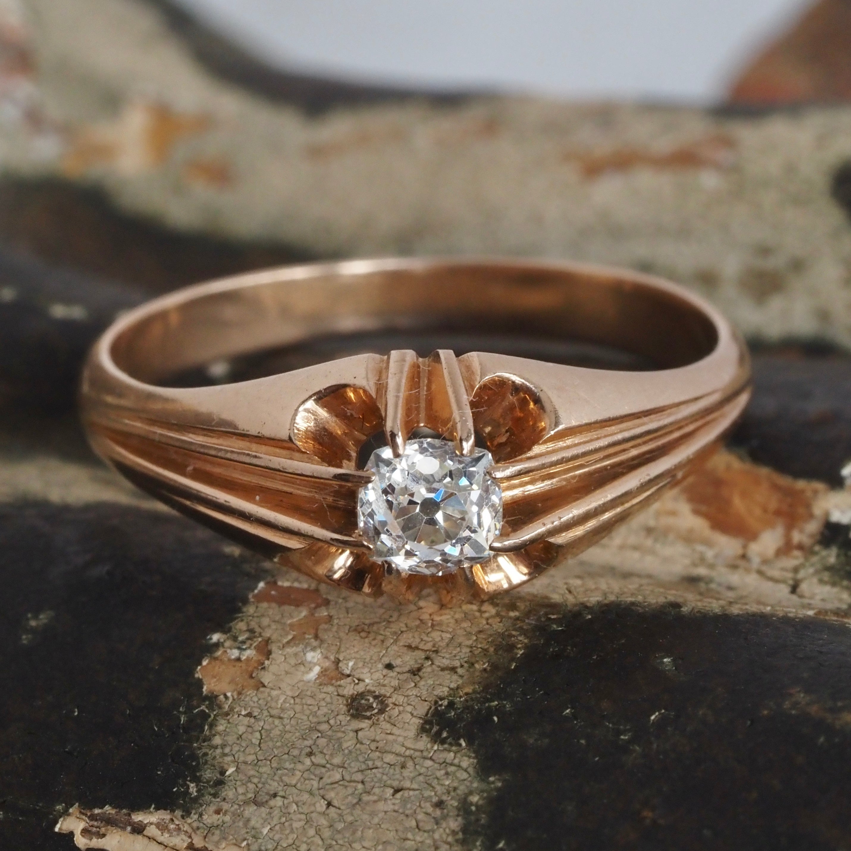 Antique Old Mine Cut Diamond in Vintage Polish 14k Gold Belcher Set Engagement Ring