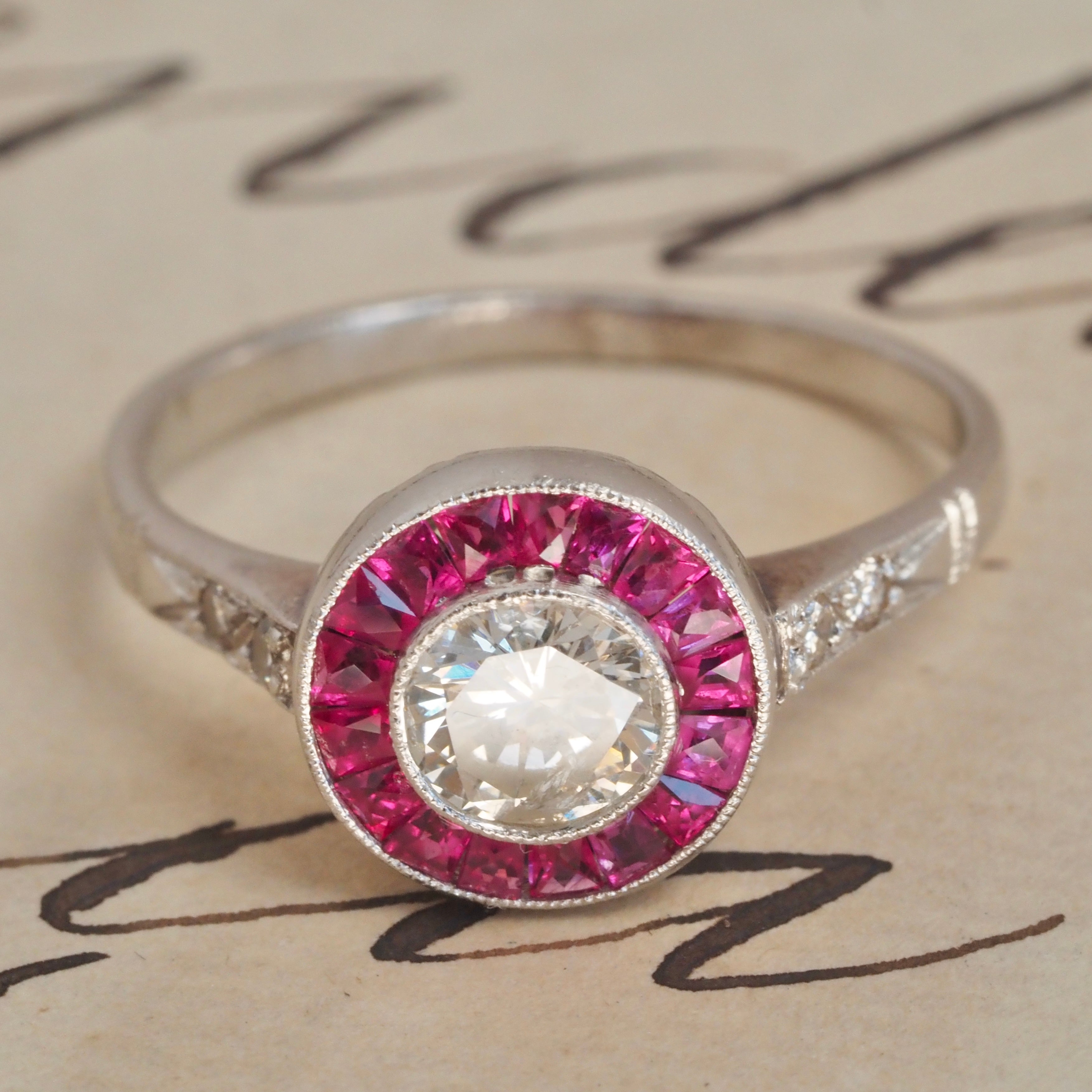 Vintage Art Deco Style French Cut Natural Ruby Diamond Platinum Target Ring