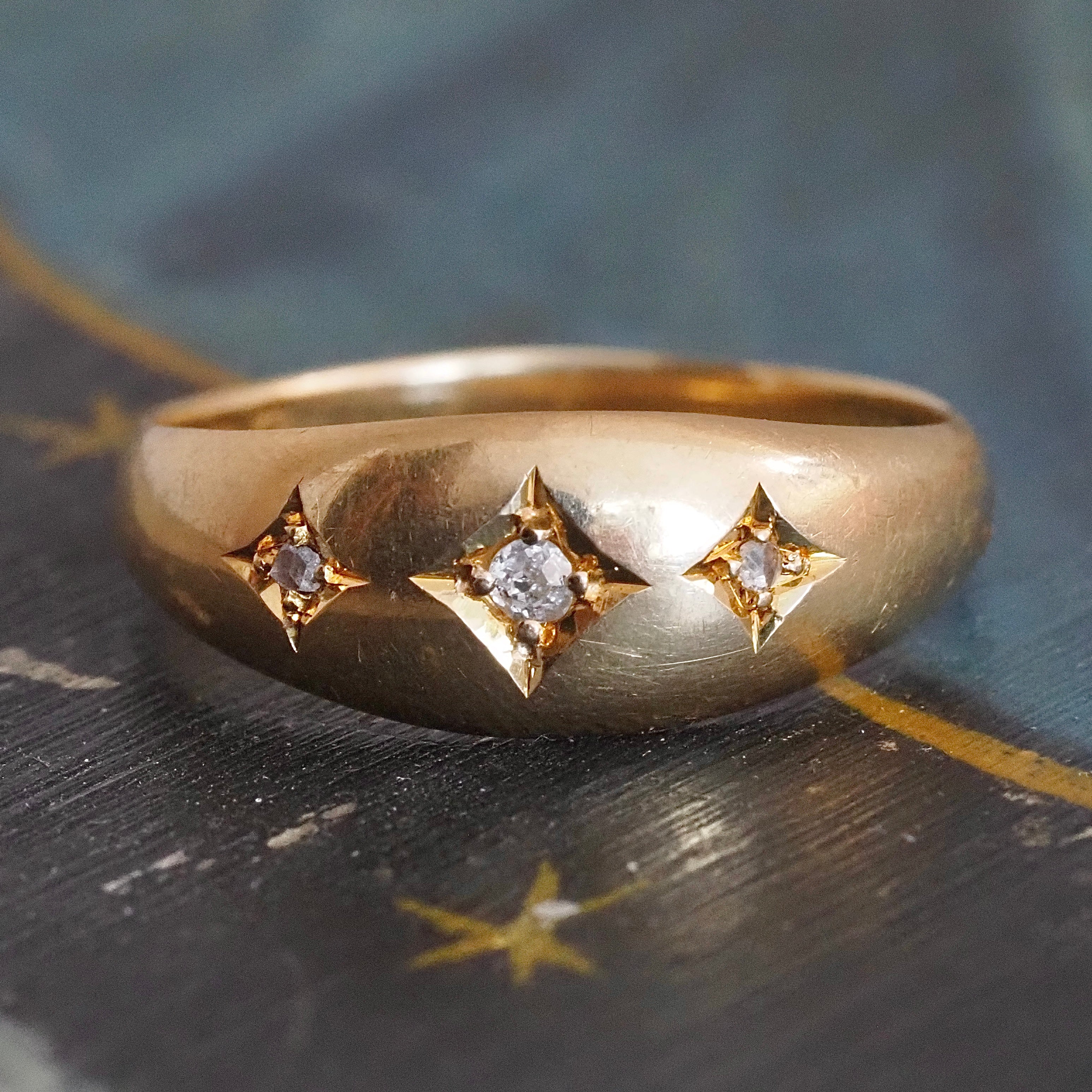 Antique c. 1915 English 18k Gold Diamond Starburst Trilogy Ring