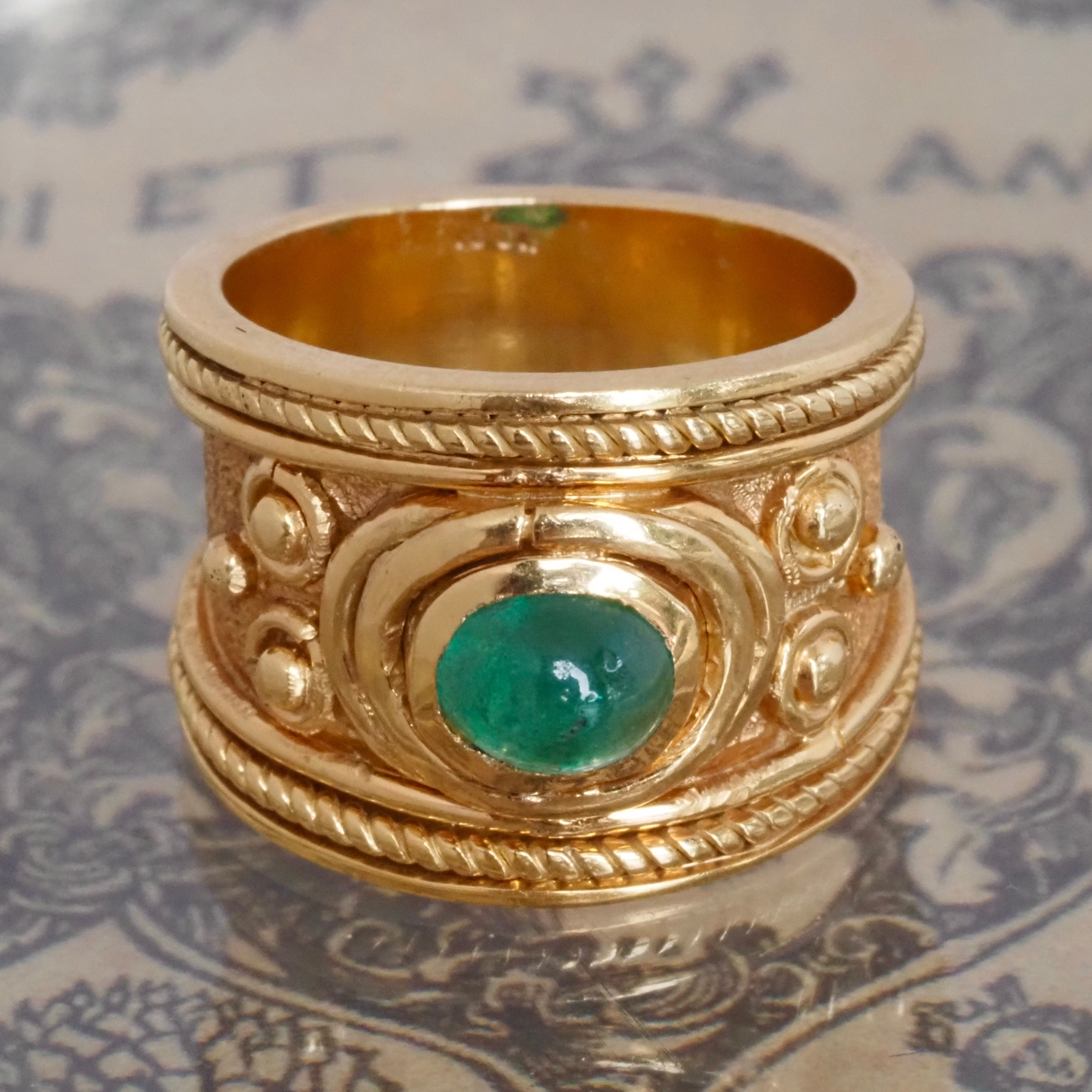 Etruscan Style Emerald Cabochon 18k Gold Wide Ring