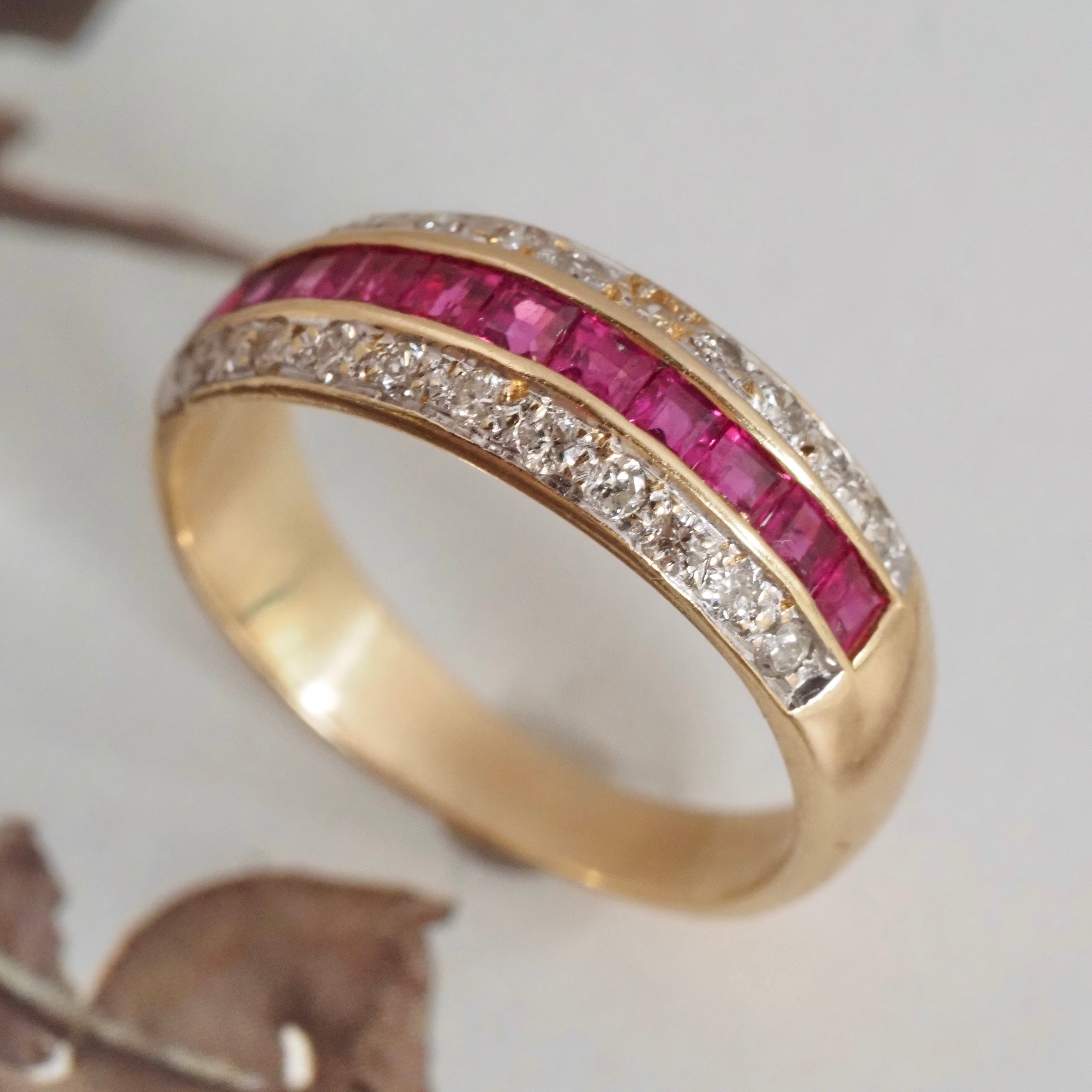 Vintage Channel Set Natural Princess Cut Ruby and Diamond 14k Gold Ring