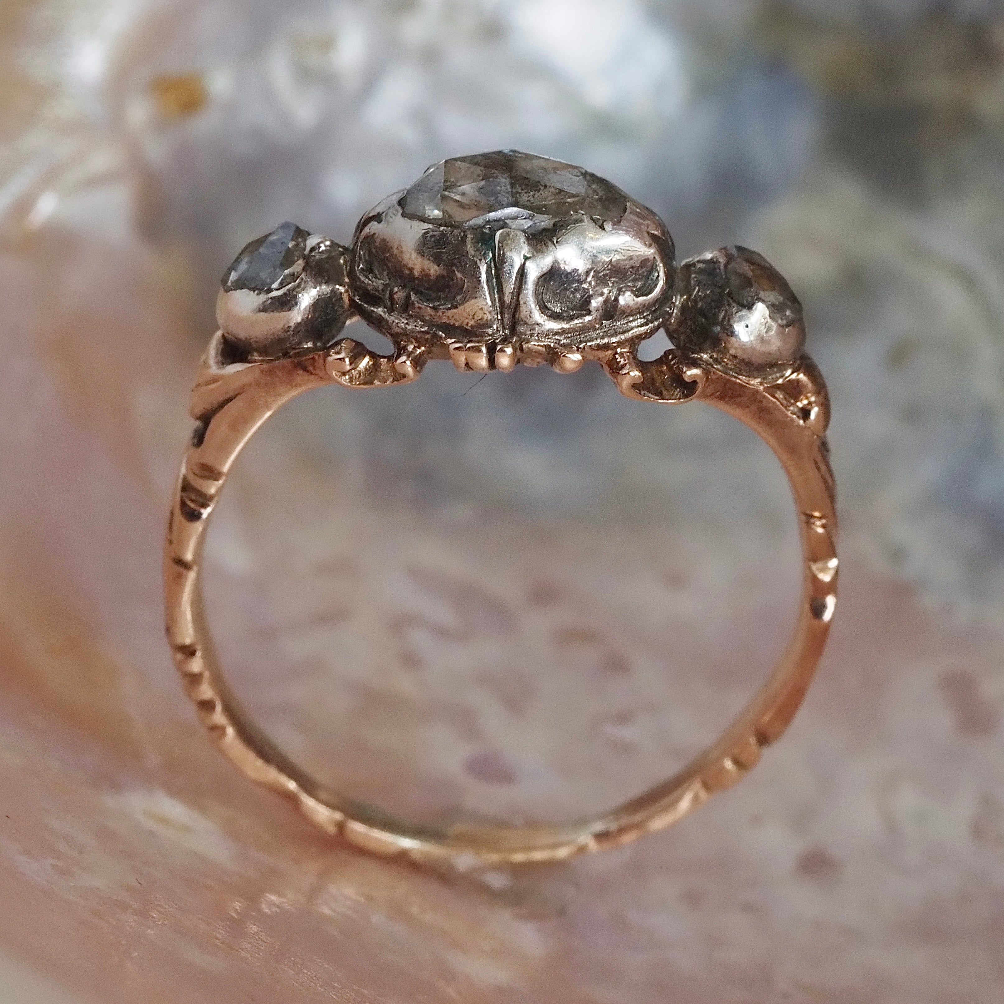 Antique Mid 18th Century Georgian Foil Back Rose Cut Diamond 14k Gold and Sterling Silver Trilogy Ring