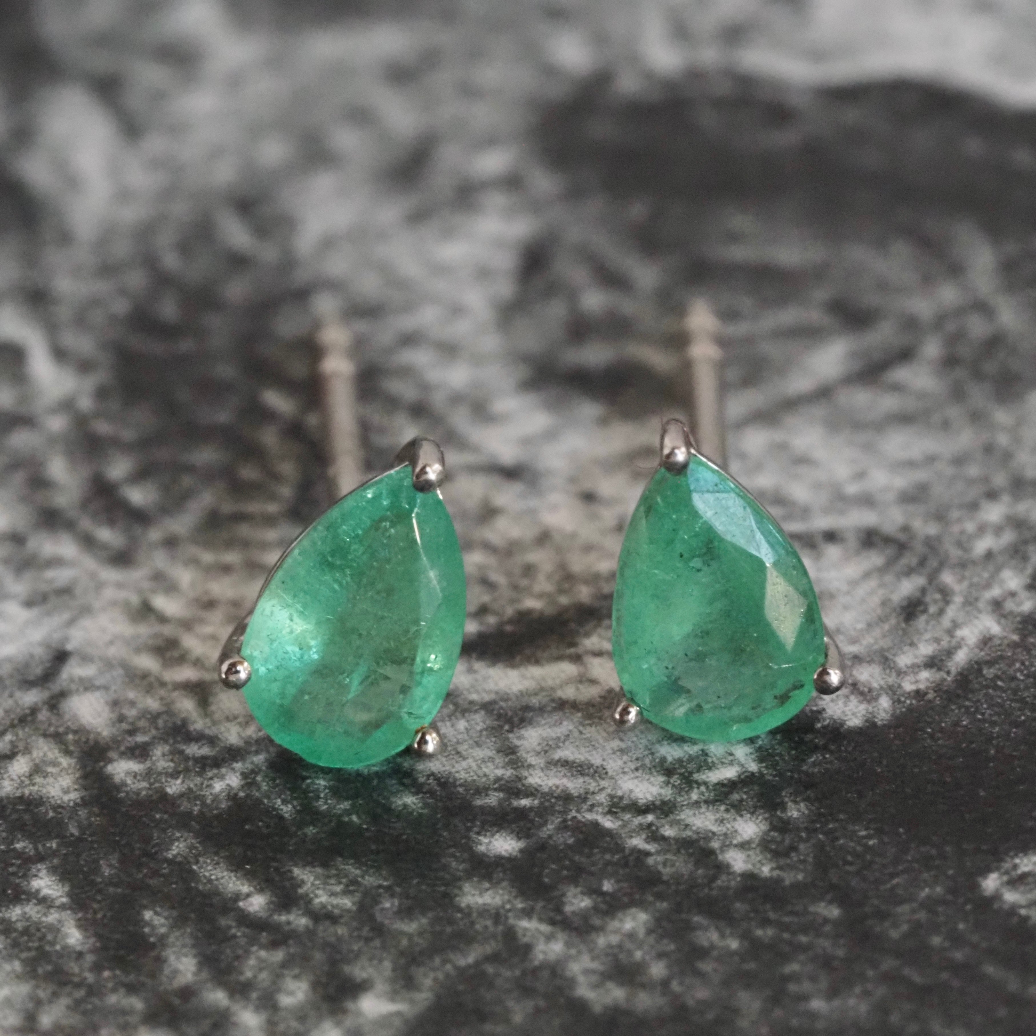 Pear Shaped Emerald Platinum Post Earrings