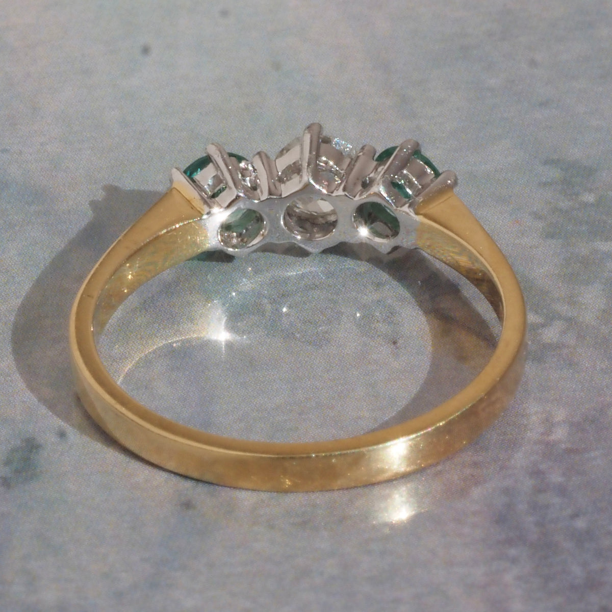 Vintage English Natural Emerald and Old European Cut Diamond Trilogy 18k Gold Ring