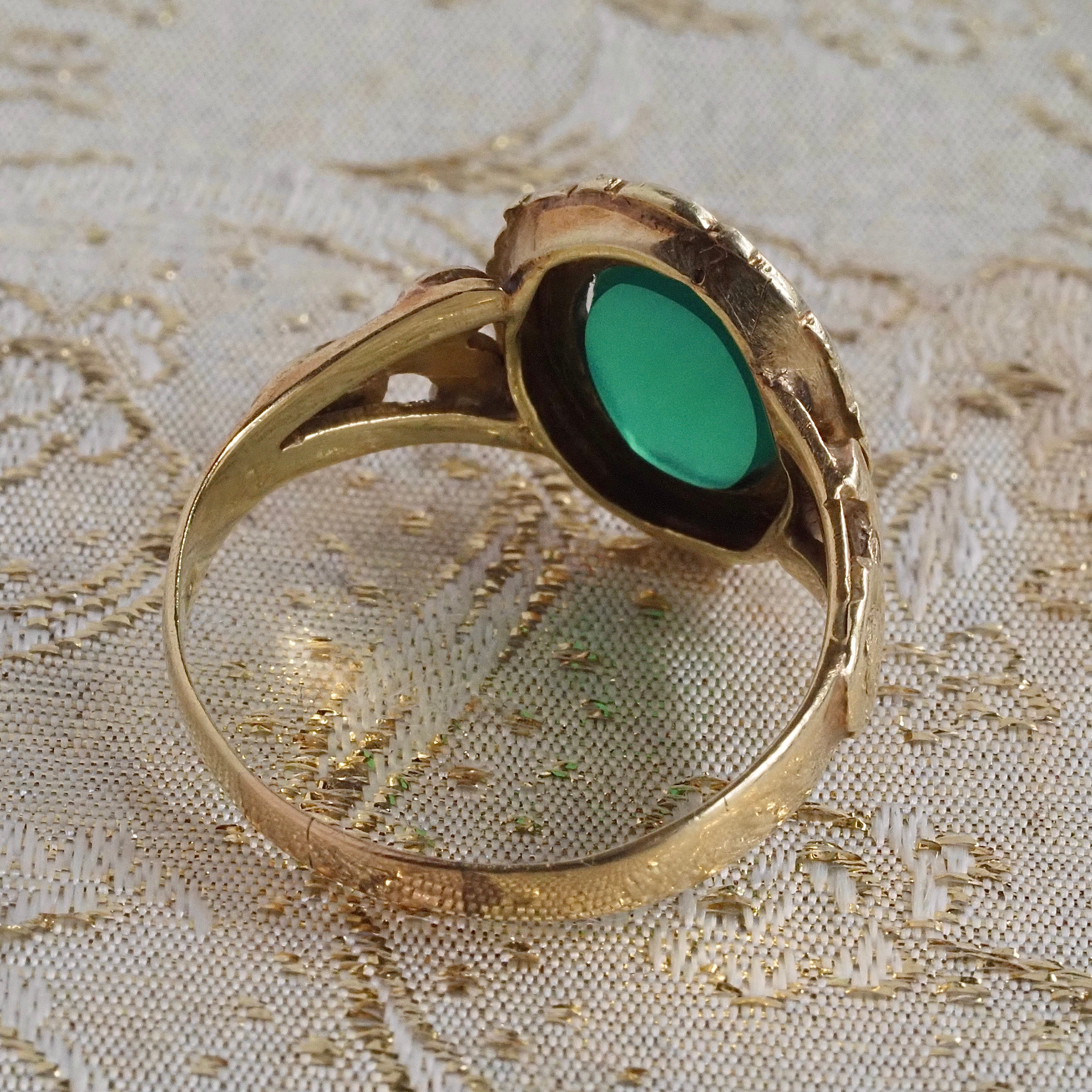 Antique Art Nouveau Chrysoprase 14k Floral Gold Ring