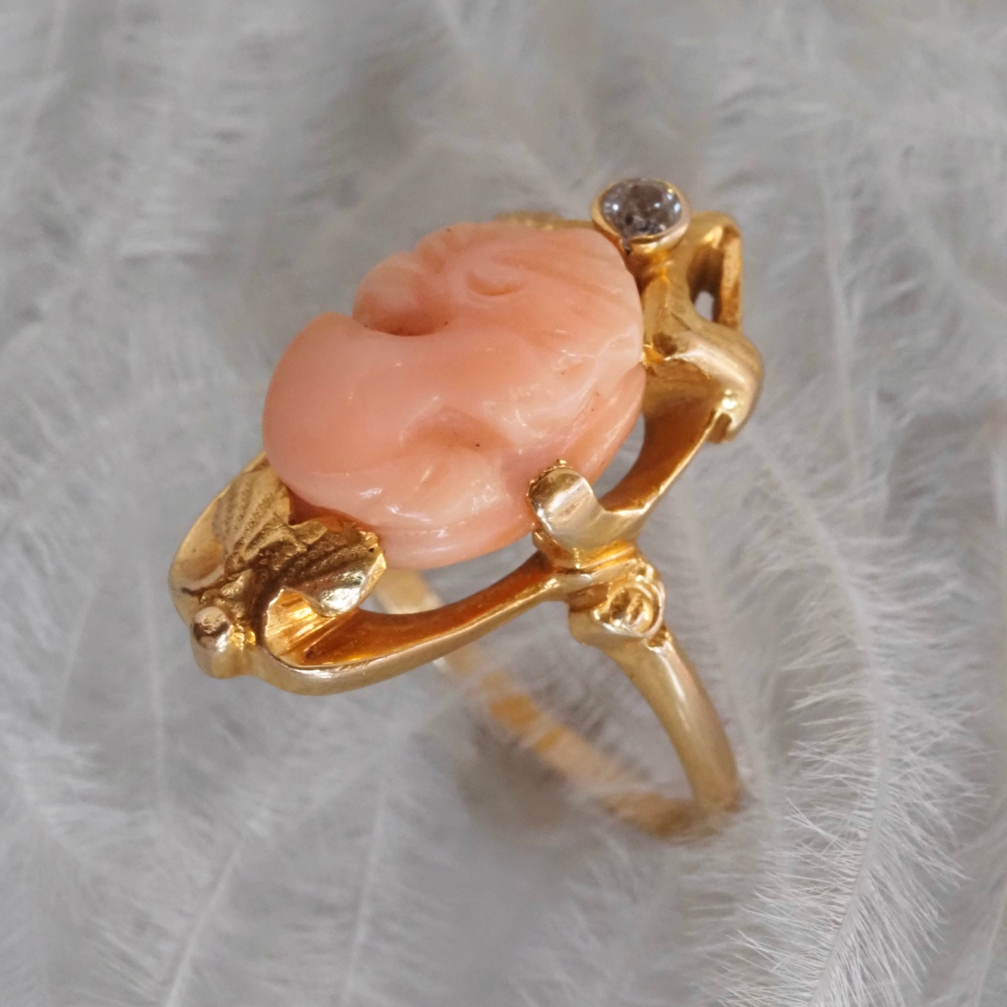 Antique Art Nouveau Bloomed 14k Gold Coral Cameo and Diamond Ring