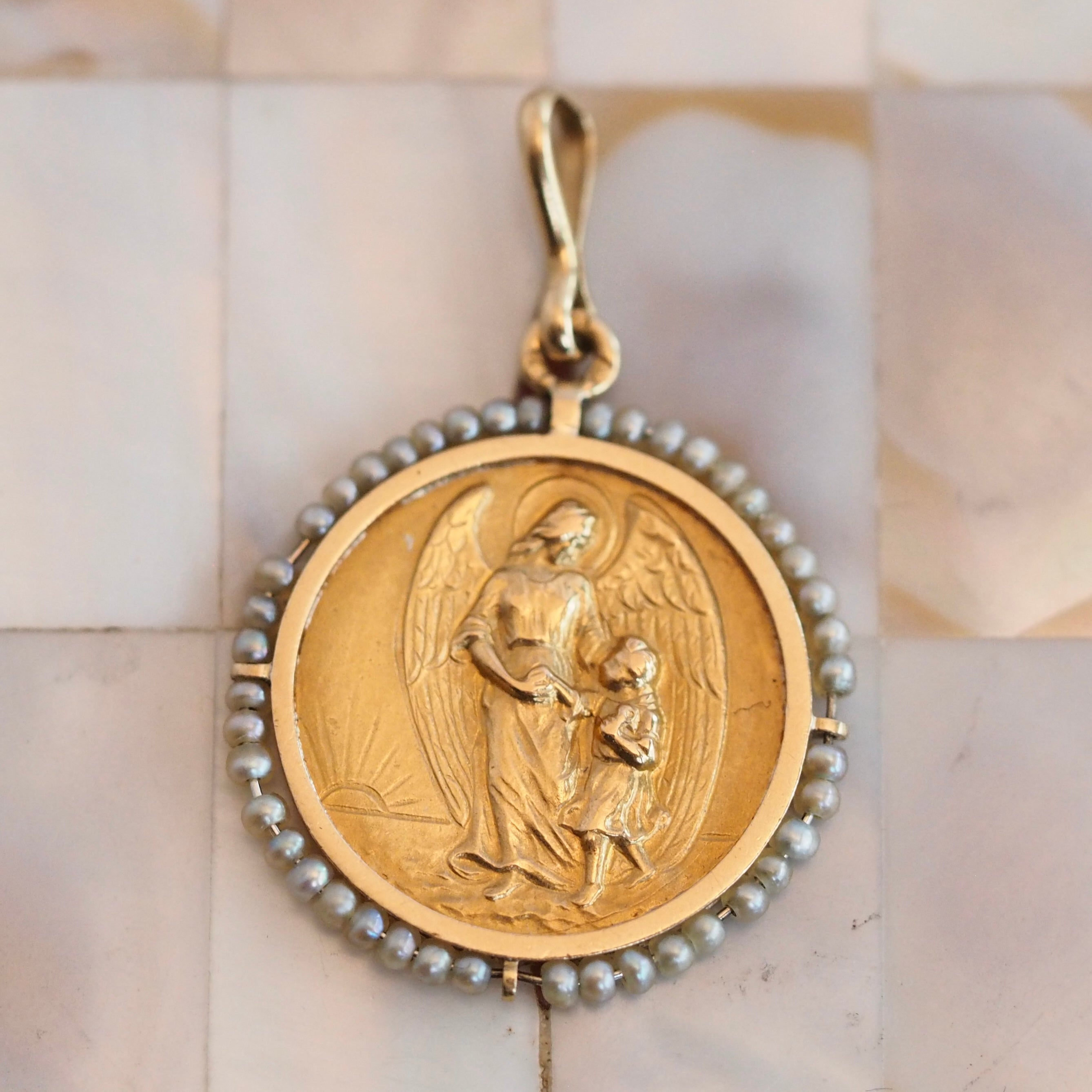 Antique Portuguese 19k Gold and Seed Pearl Guardian Angel Pendant