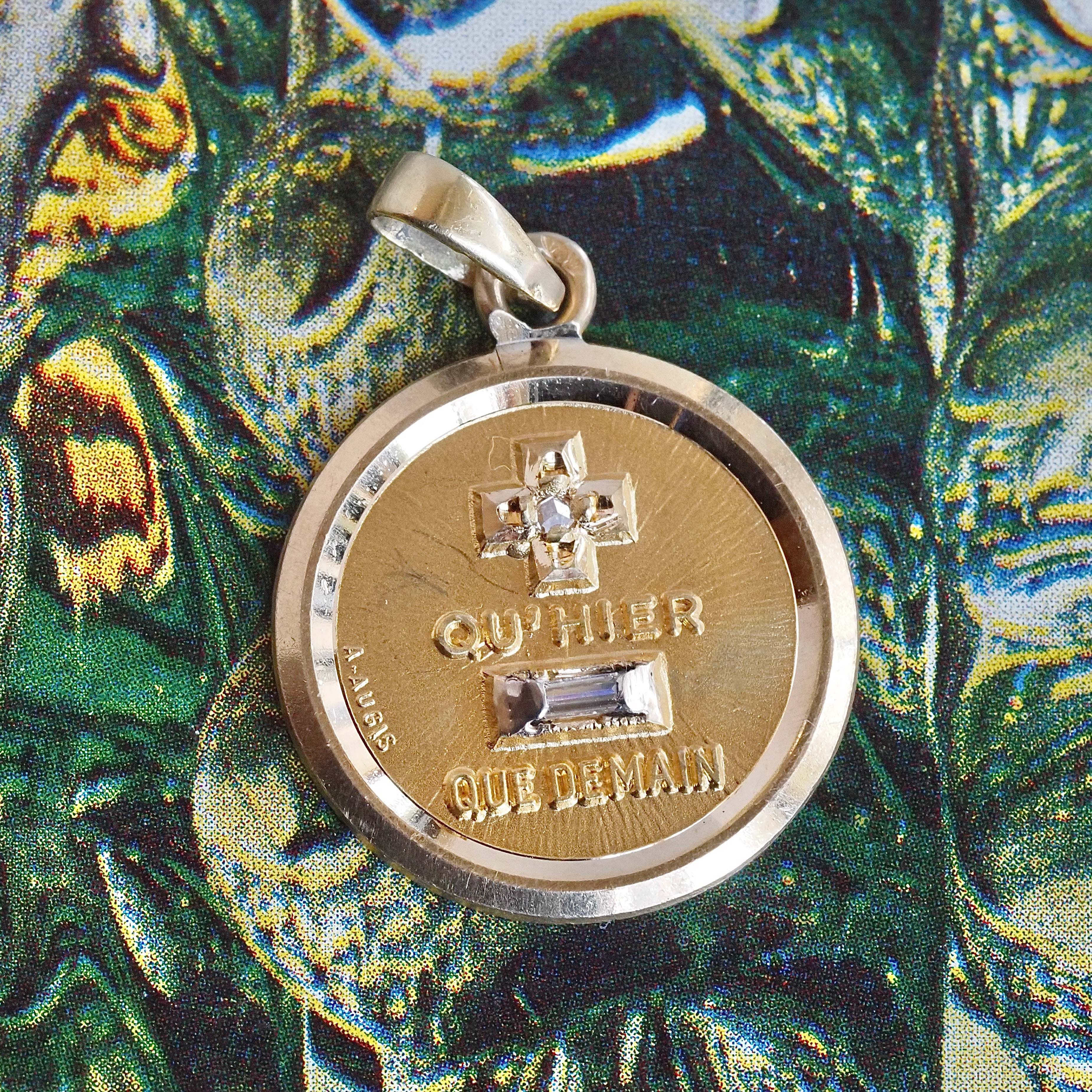 Vintage French 18k Gold Augis Love Charm Pendant with Rose Cut & Baguette Diamond