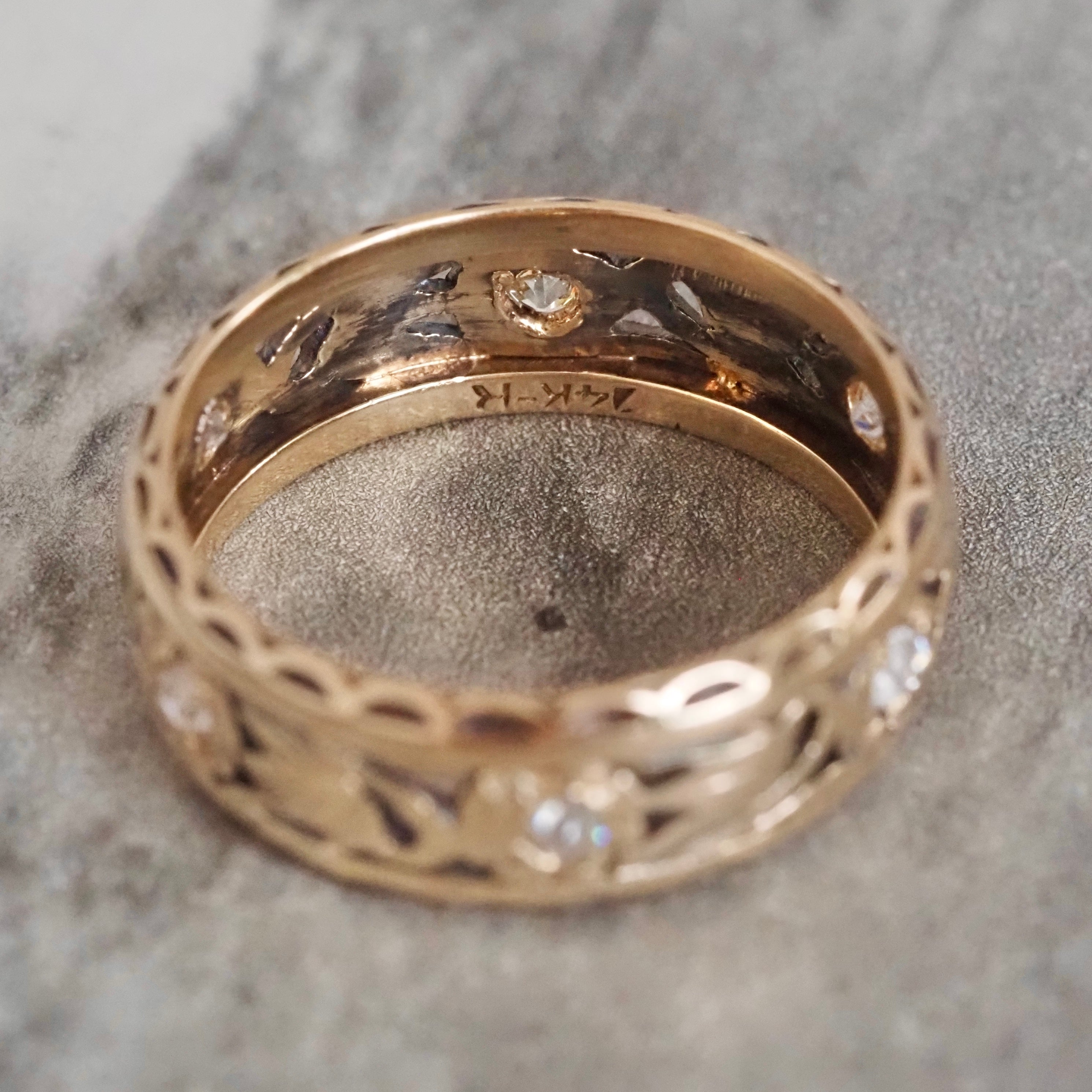 Antique 14k Gold Tulip Cutout Band with Old Mine Cut Diamonds