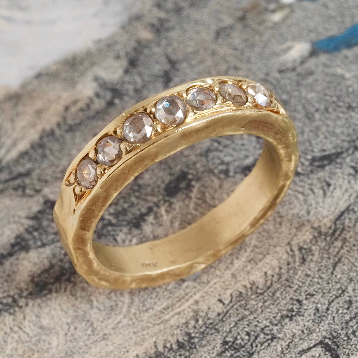 Rose Cut Diamond 18k Gold Hammered Half Eternity Band