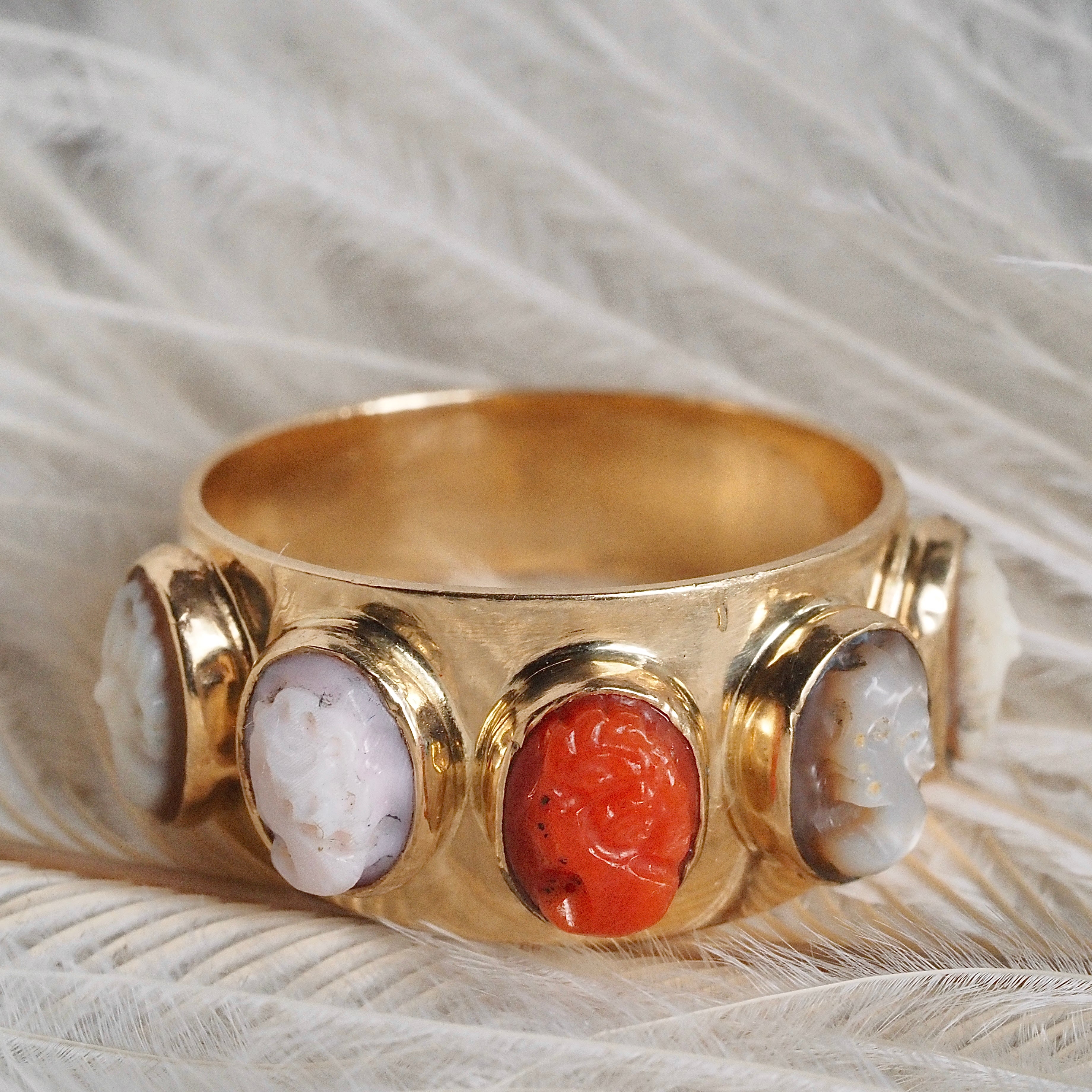 ON HOLD Vintage Cameo Coral Mother of Pearl and Shell 14k Gold Ring