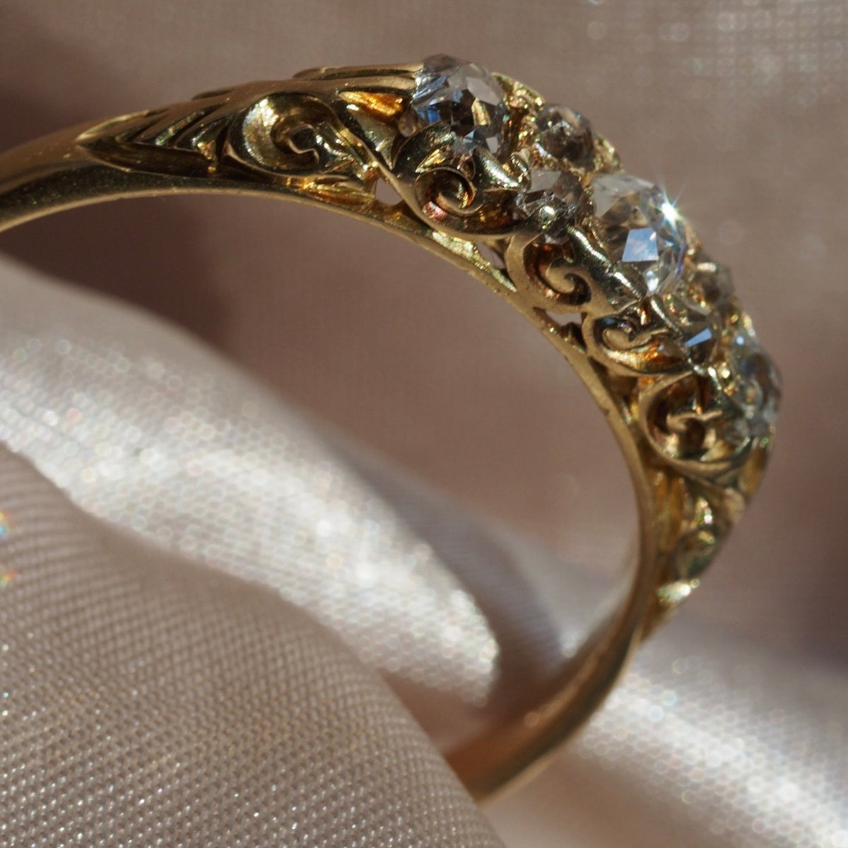Antique Art Nouveau Old Mine Cut and Single Cut Diamond 18k Gold Half Hoop Ring