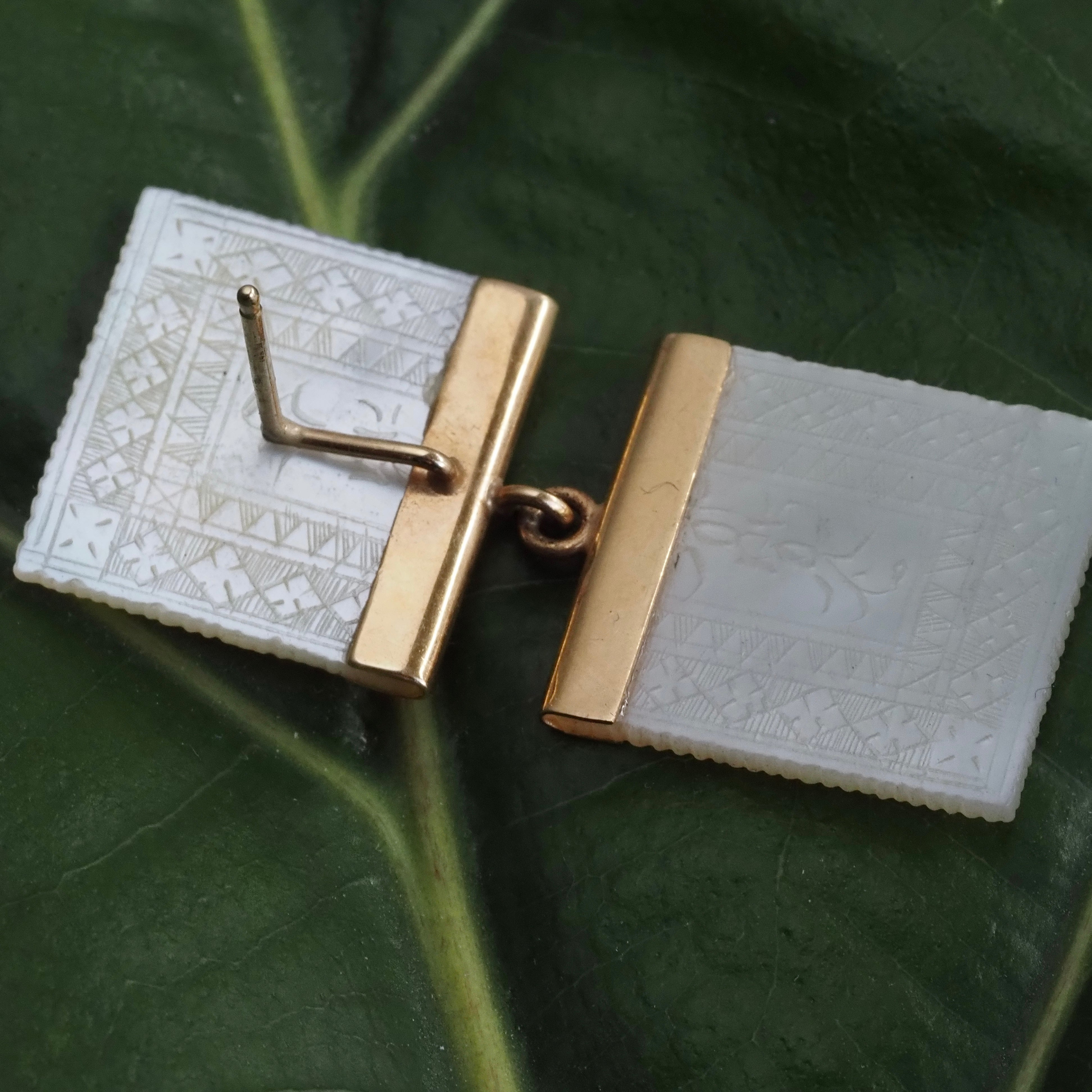 Antique Chinese Mother of Pearl Gambling Chip 14k Gold Earrings
