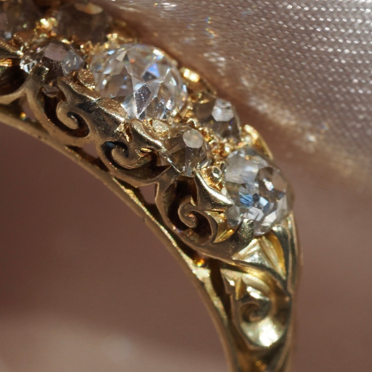 Antique Art Nouveau Old Mine Cut and Single Cut Diamond 18k Gold Half Hoop Ring