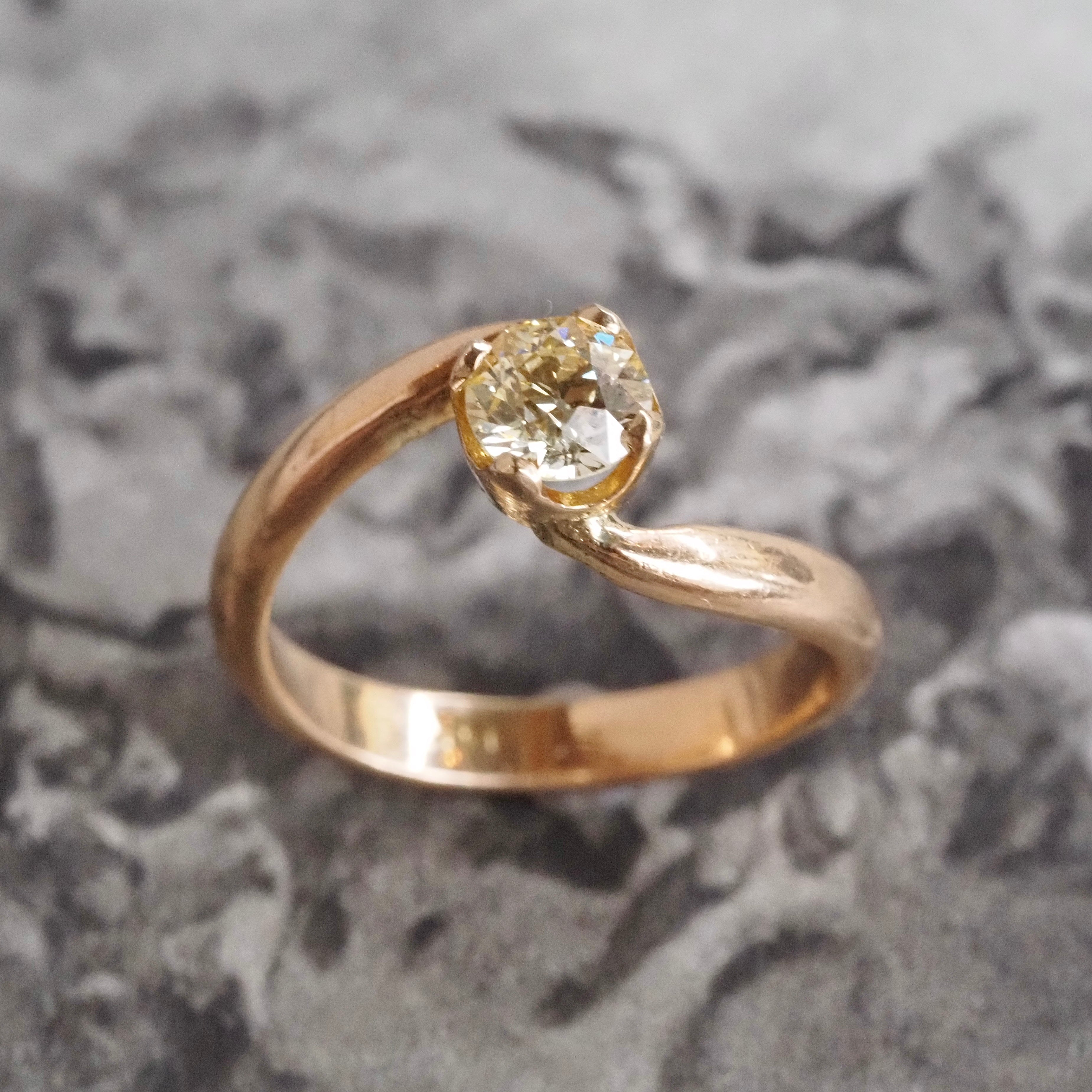 Mid-Century Light Yellow Old European Cut Diamond 14k Gold Bypass Solitaire Engagement Ring