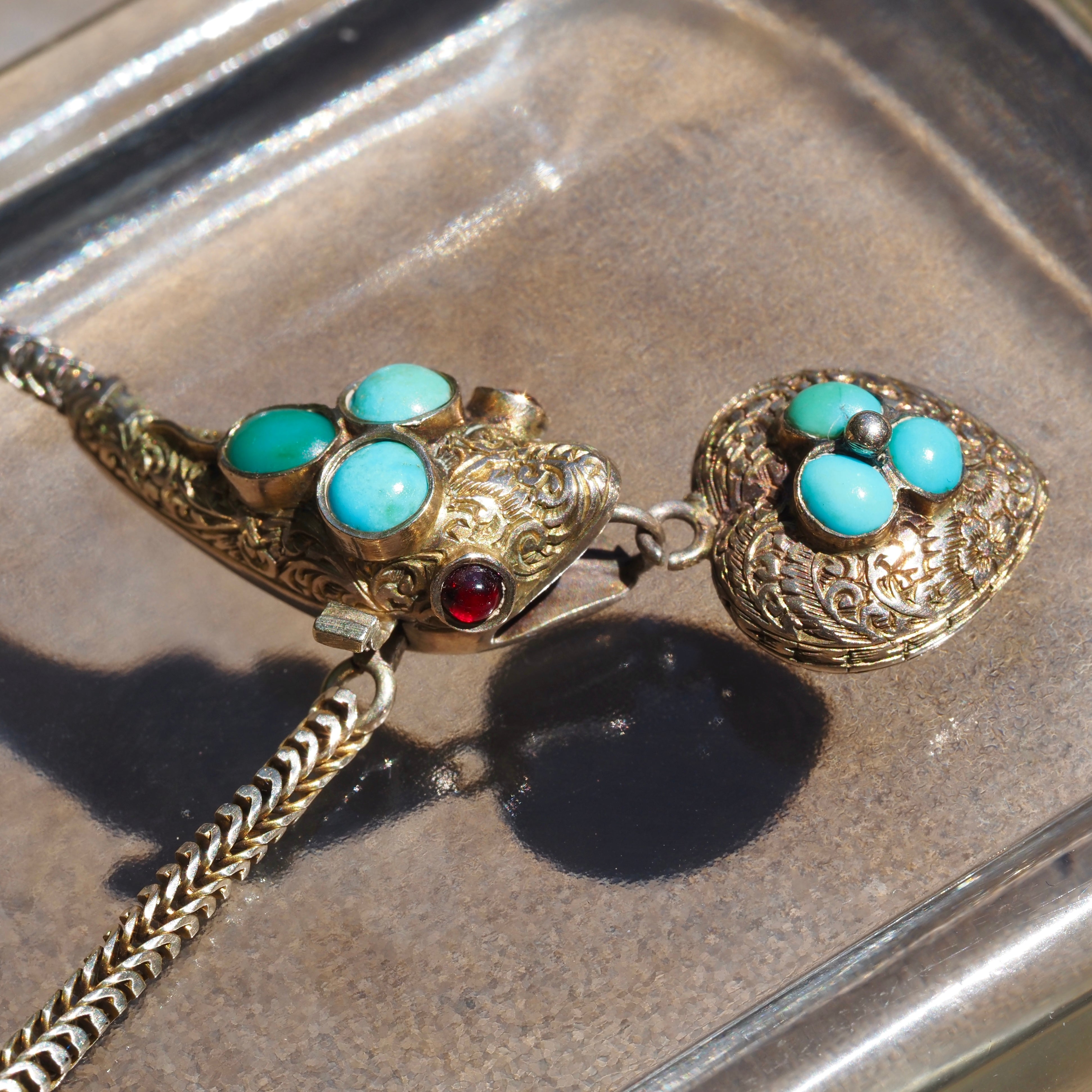 Antique Victorian 9k Gold Turquoise and Garnet Snake Locket Necklace