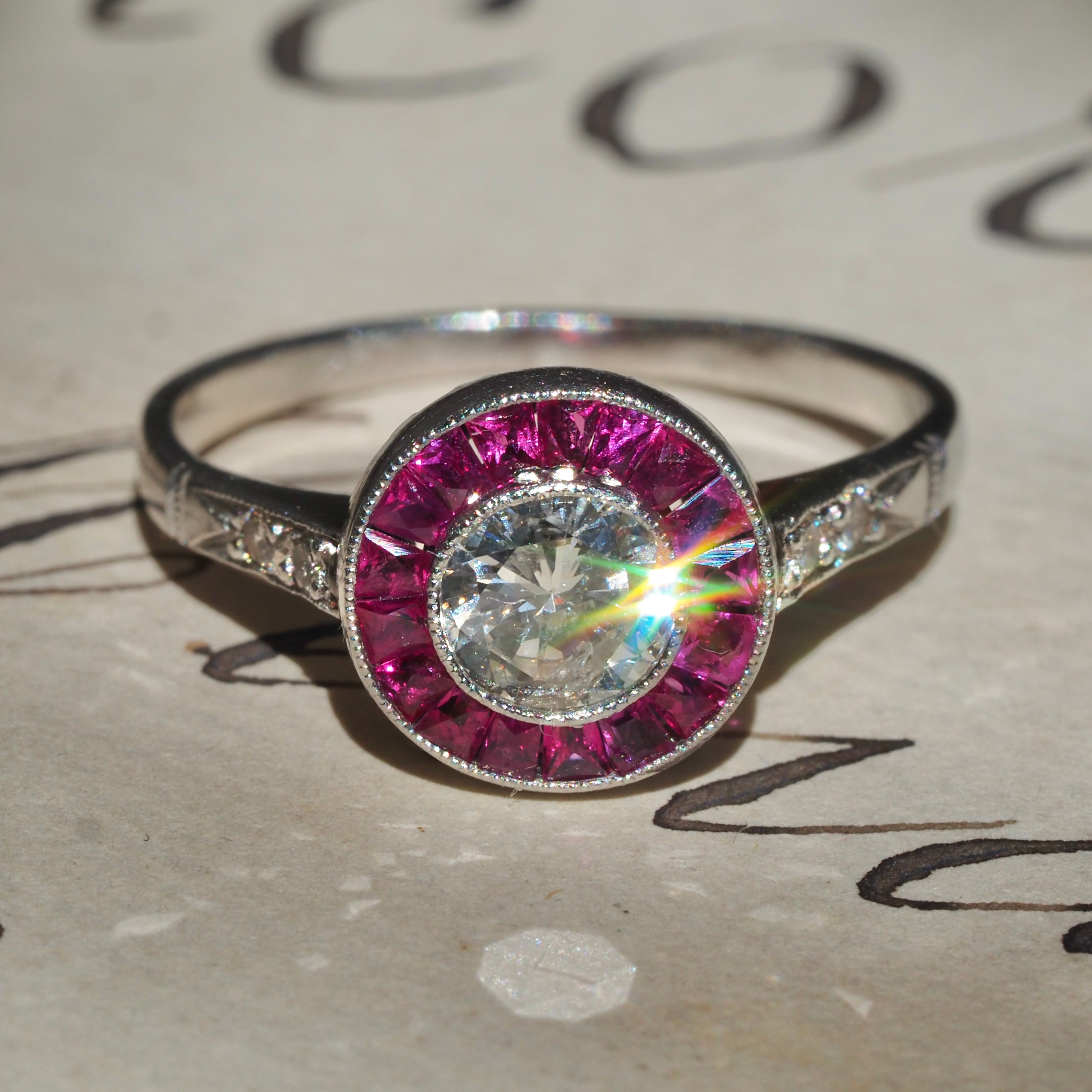 Vintage Art Deco Style French Cut Natural Ruby Diamond Platinum Target Ring