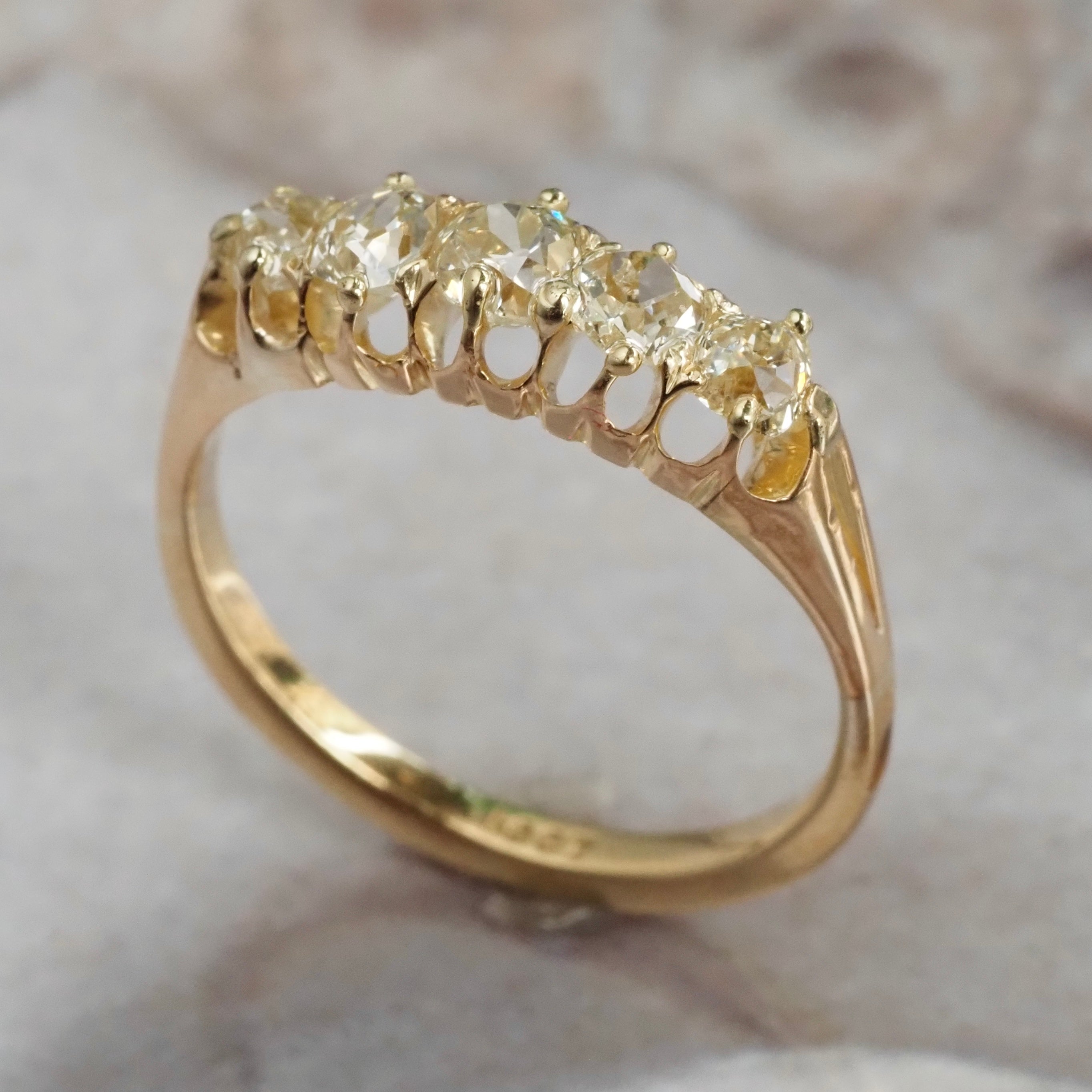 Antique English Five Stone Old Mine Cut Diamond 18k Gold Ring