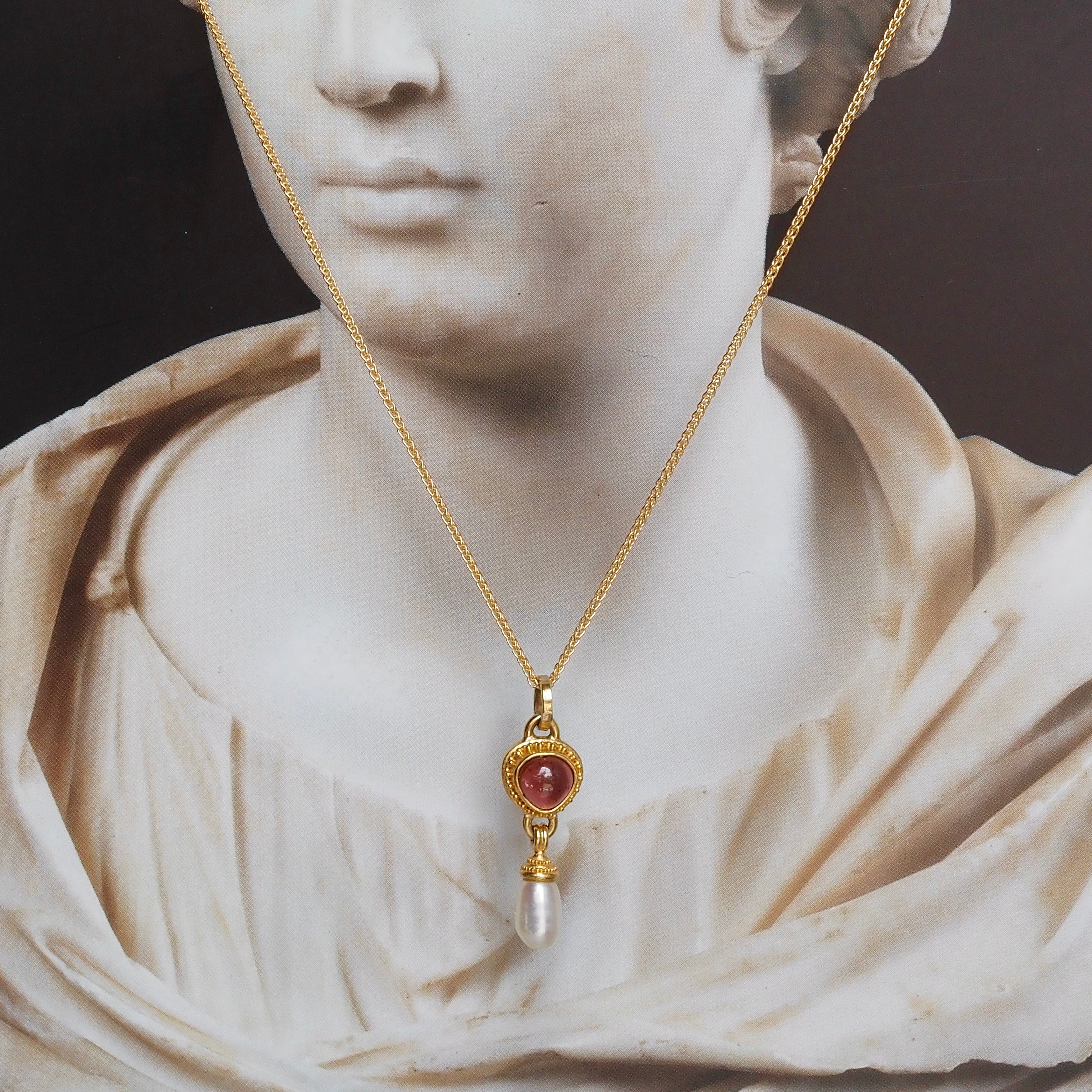 22k Gold Heart Tourmaline and Pearl Pendant