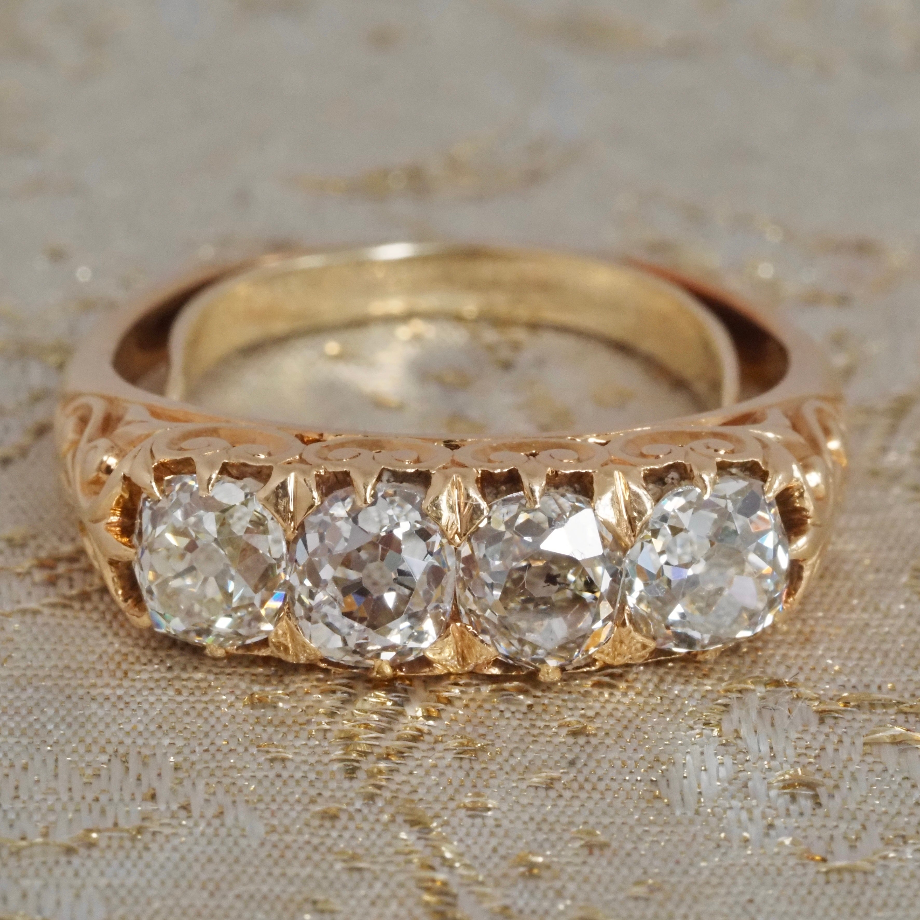 Antique Old Mine Cut Diamond 18k Gold Half Hoop Engagement Ring