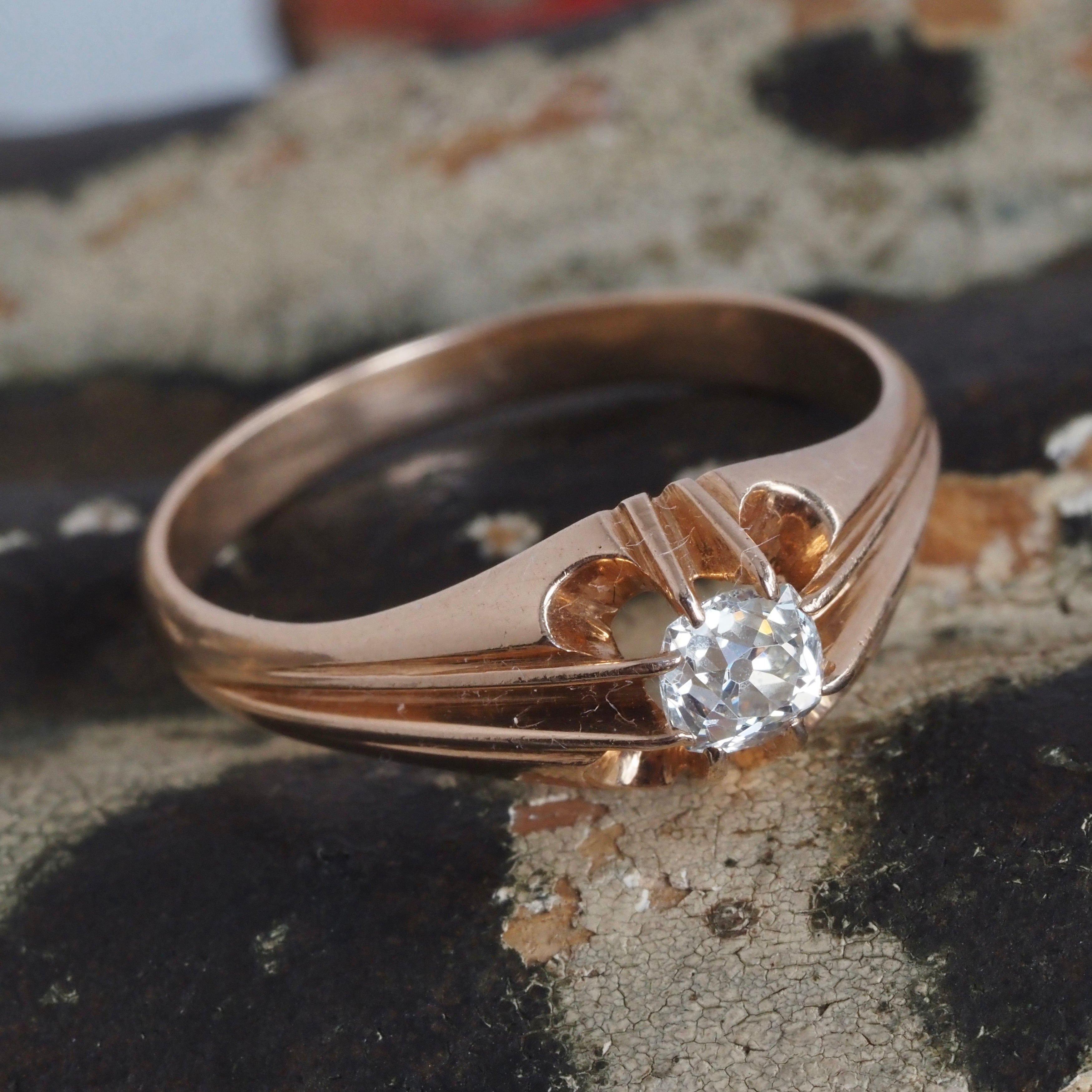 Antique Old Mine Cut Diamond in Vintage Polish 14k Gold Belcher Set Engagement Ring