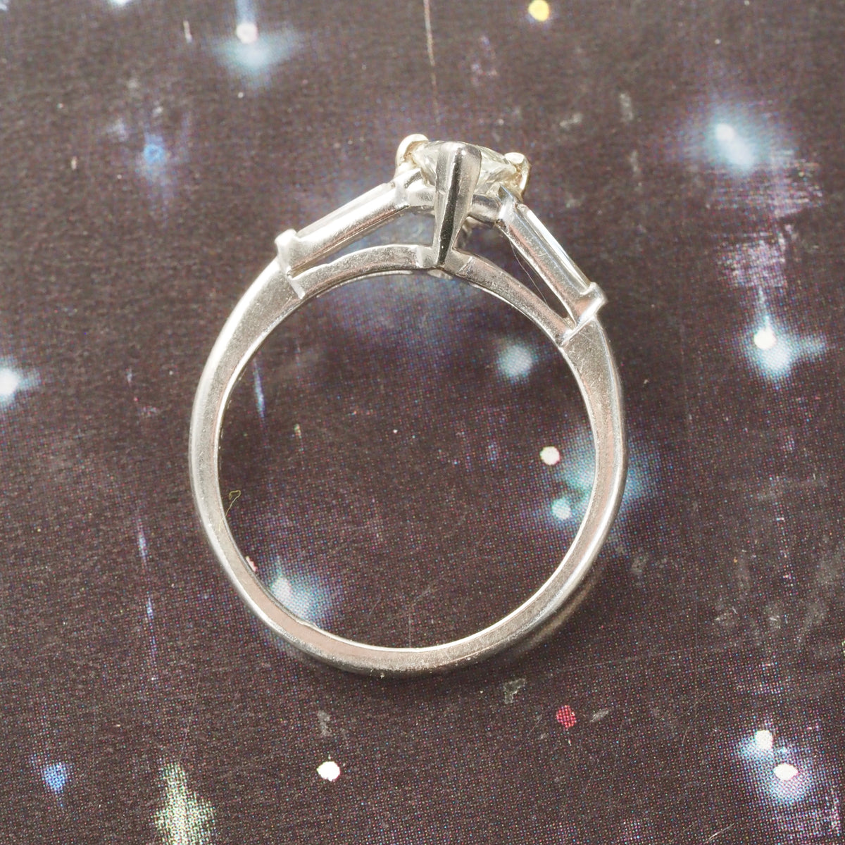 Vintage Marquise and Baguette Diamond Platinum Engagement Ring with 14k White Gold Wedding Band