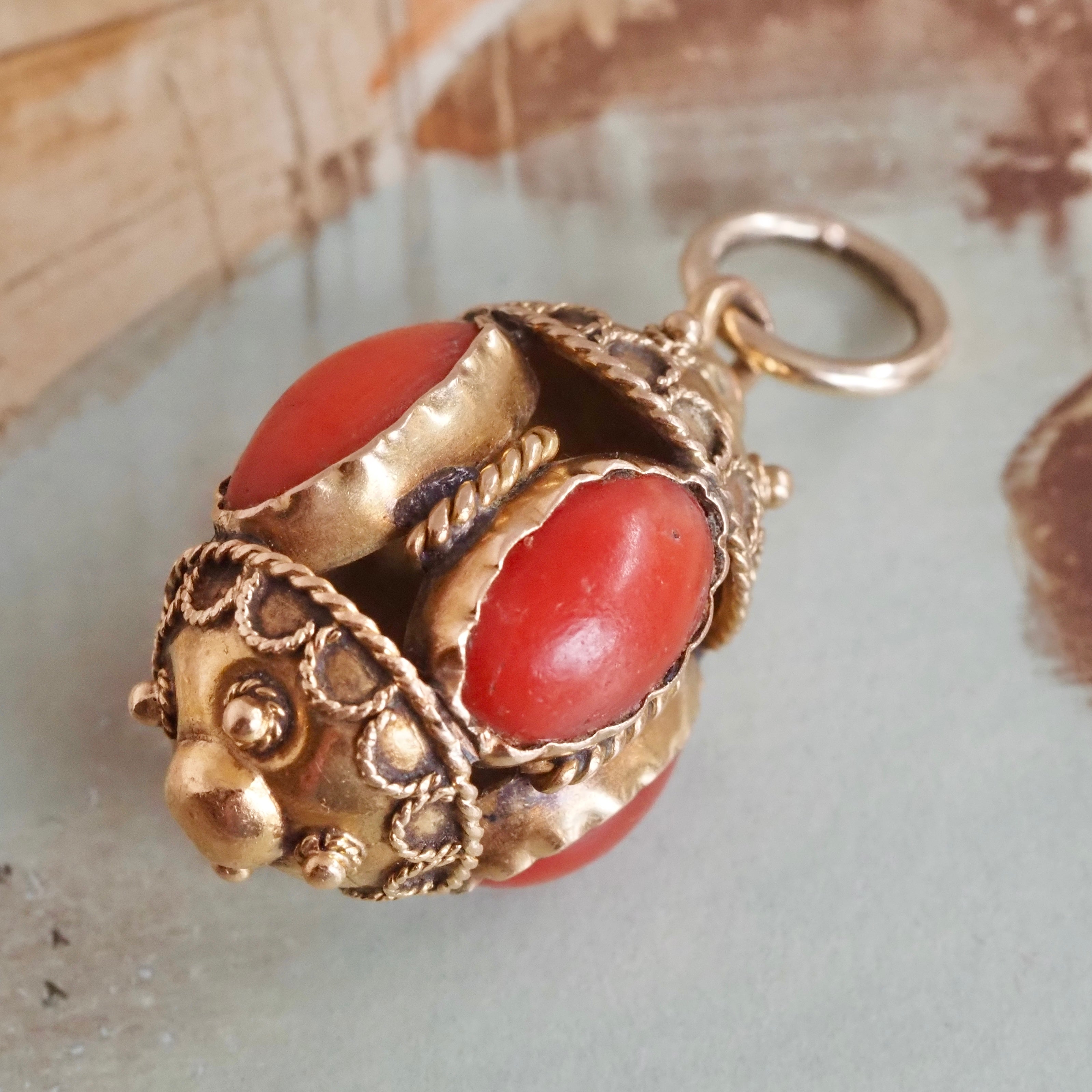 Antique Victorian Etruscan Revival Coral 18k Gold Pendant