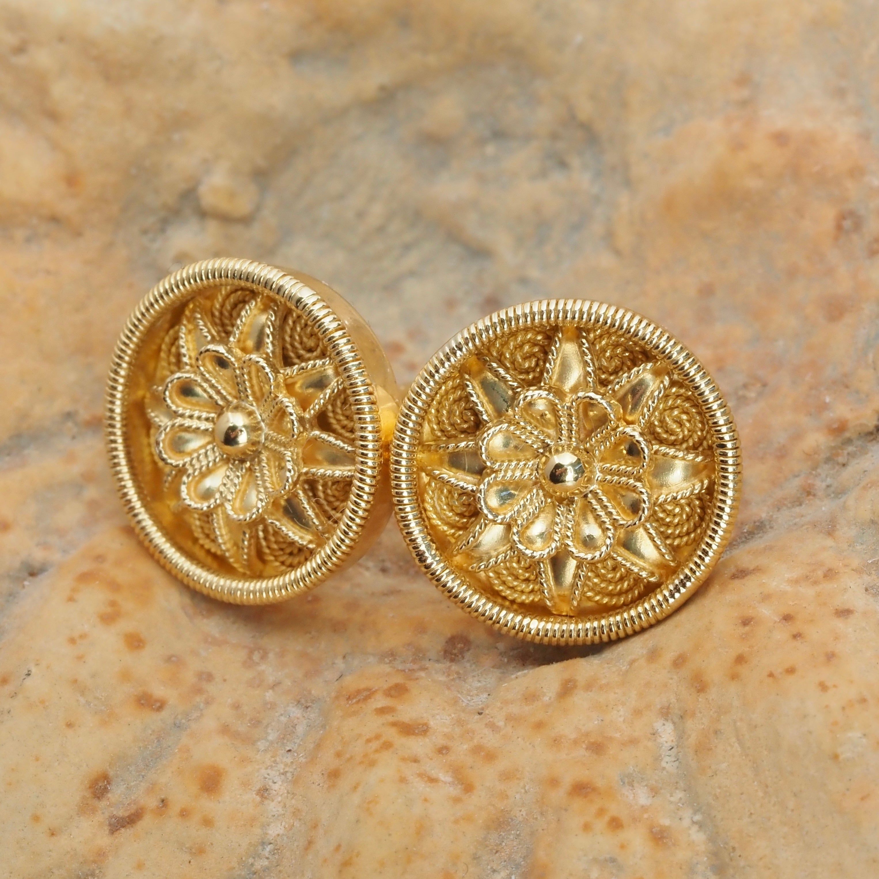 Vintage Greek 18k Gold Floral Disc Earrings