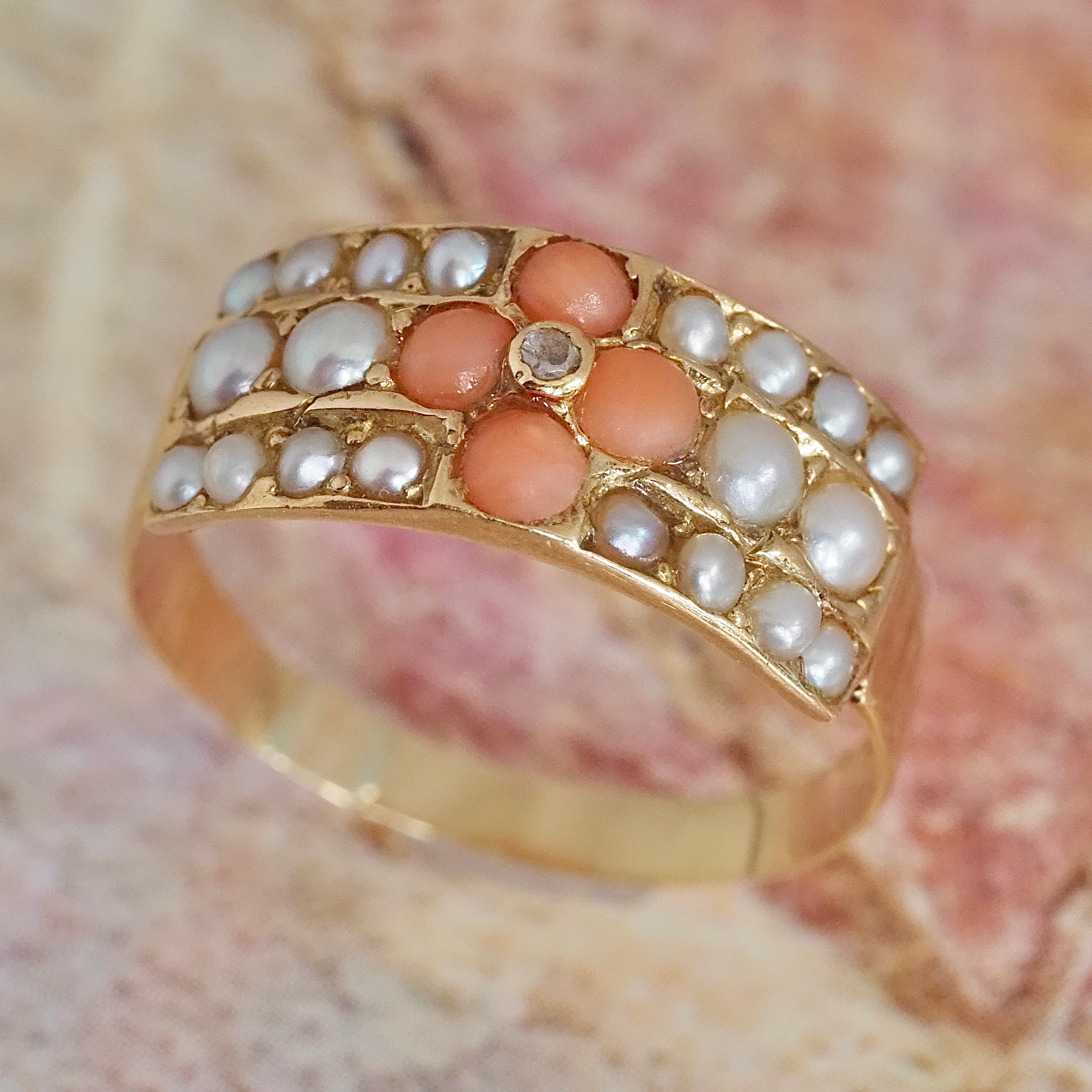 Antique c. 1881 English Coral Seed Pearl Rose Cut Diamond 18k Gold Ring