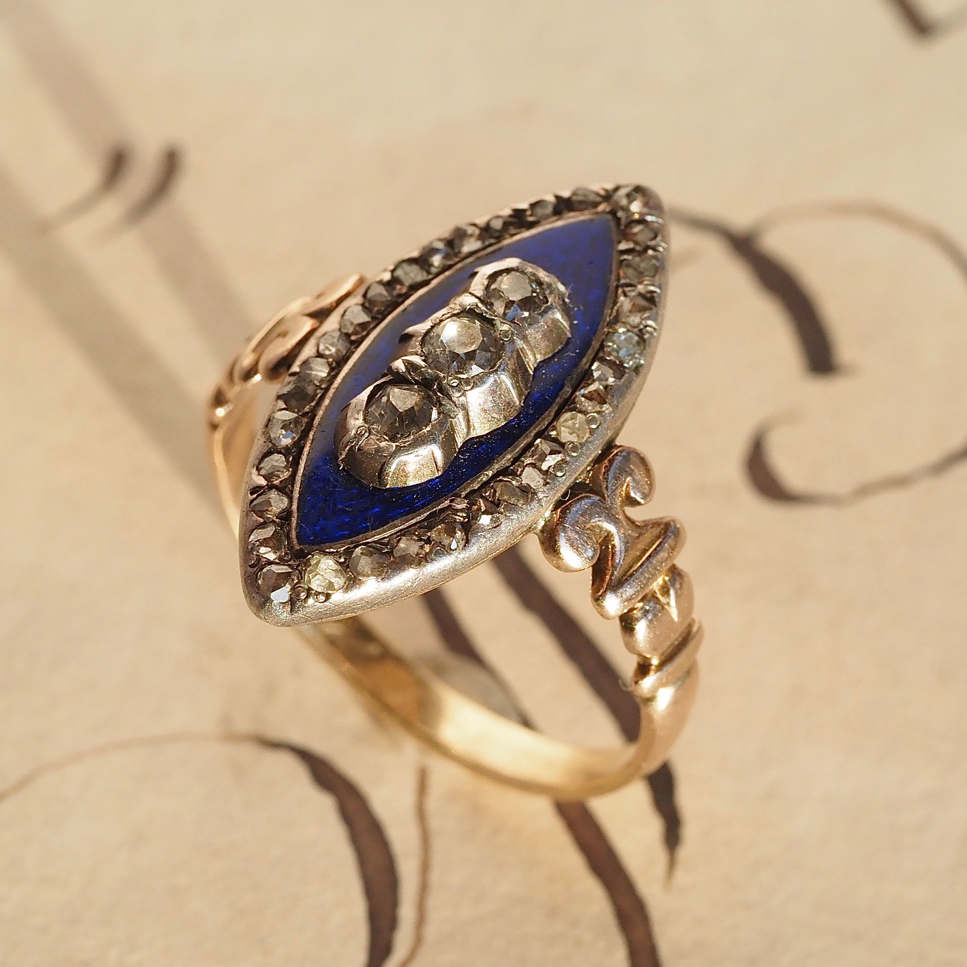 Antique Georgian "Bague au Firmament" Ring of the Heavens Rose Cut Diamond Midnight Enamel 15k Gold & Silver Navette Ring