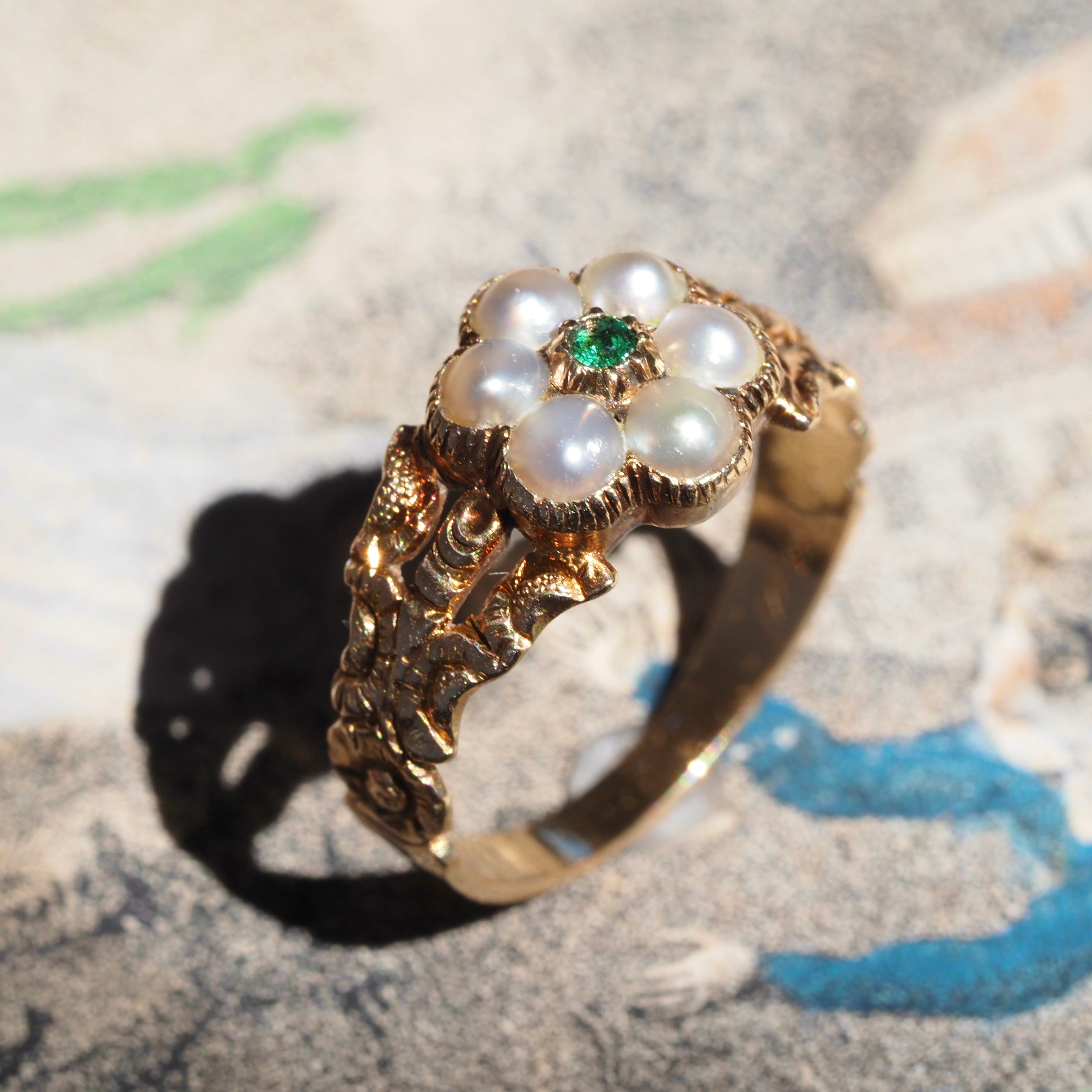 Antique Georgian Seed Pearl and Green Paste Flower Engraved Mourning Ring