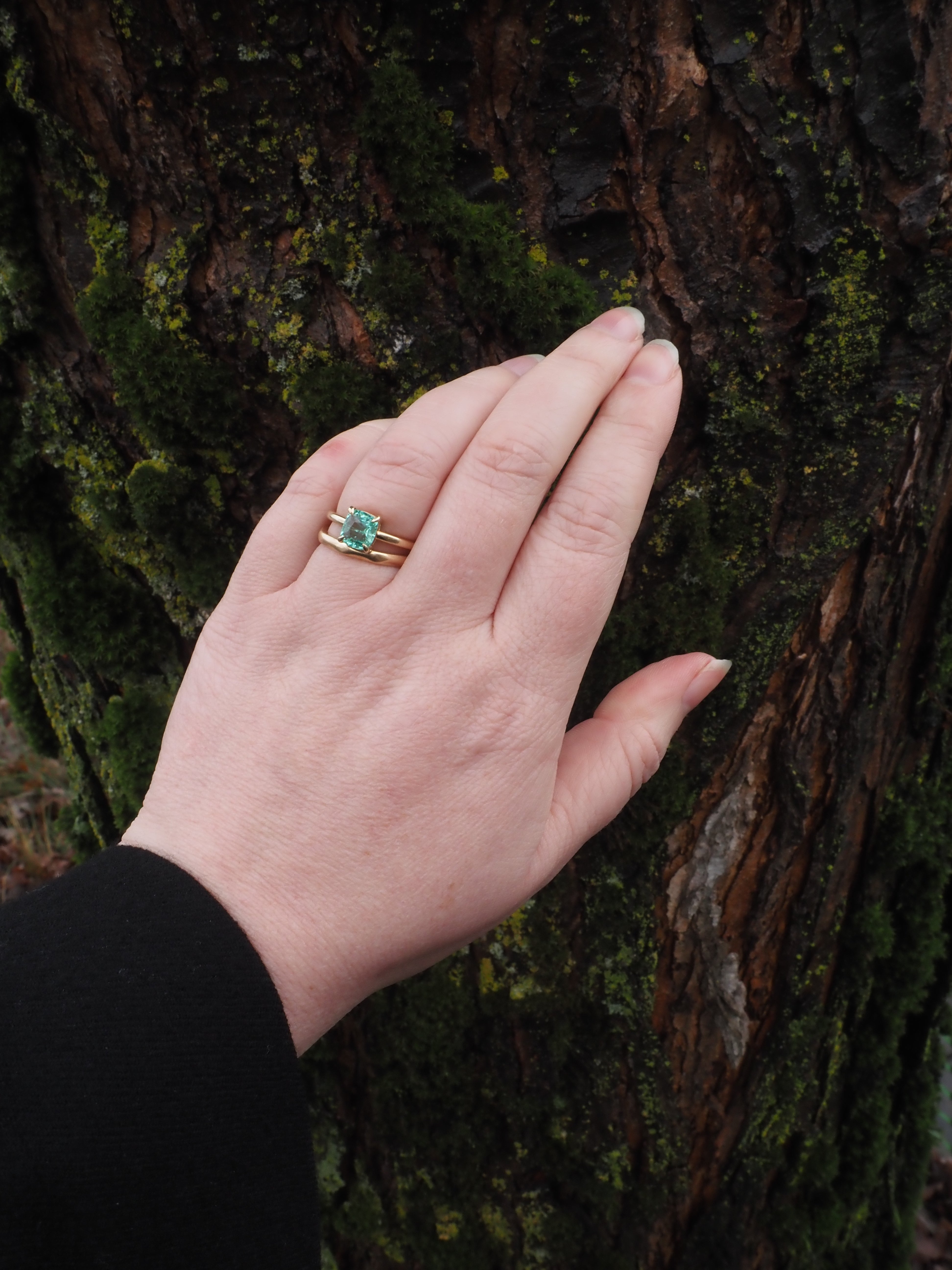 Minty Square Cushion Cut Emerald 14k Gold Solitaire Ring