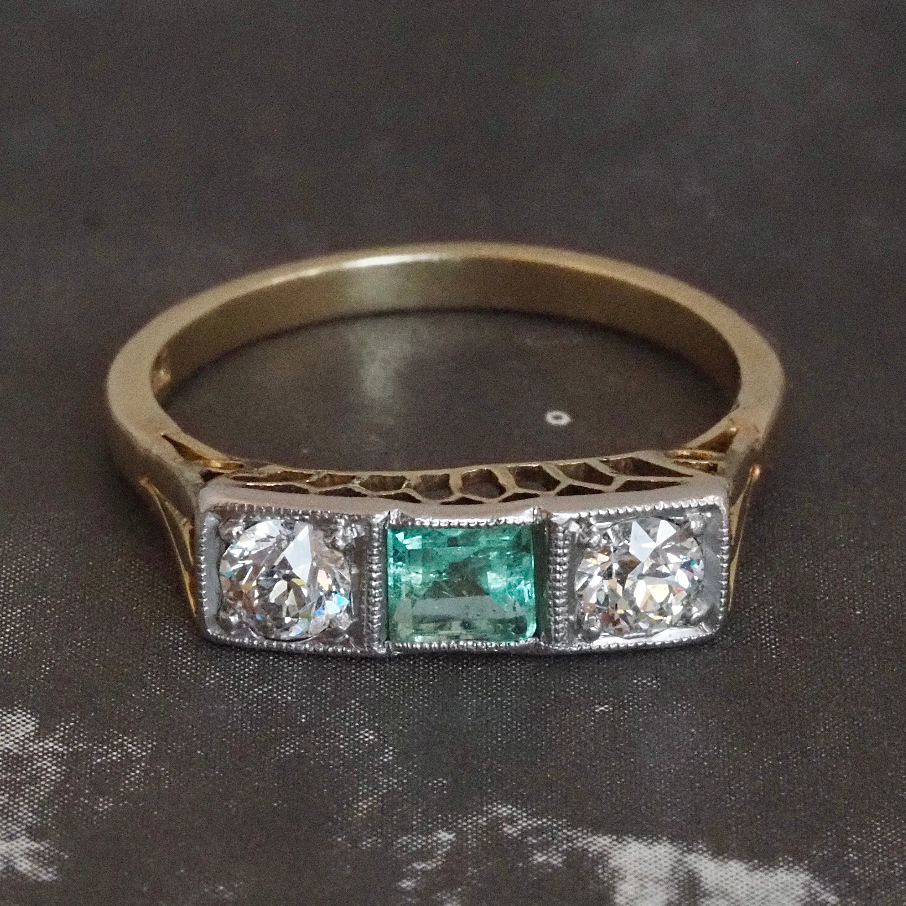 Antique Art Deco Trilogy Emerald and Old European Cut Diamond 14k Gold Ring