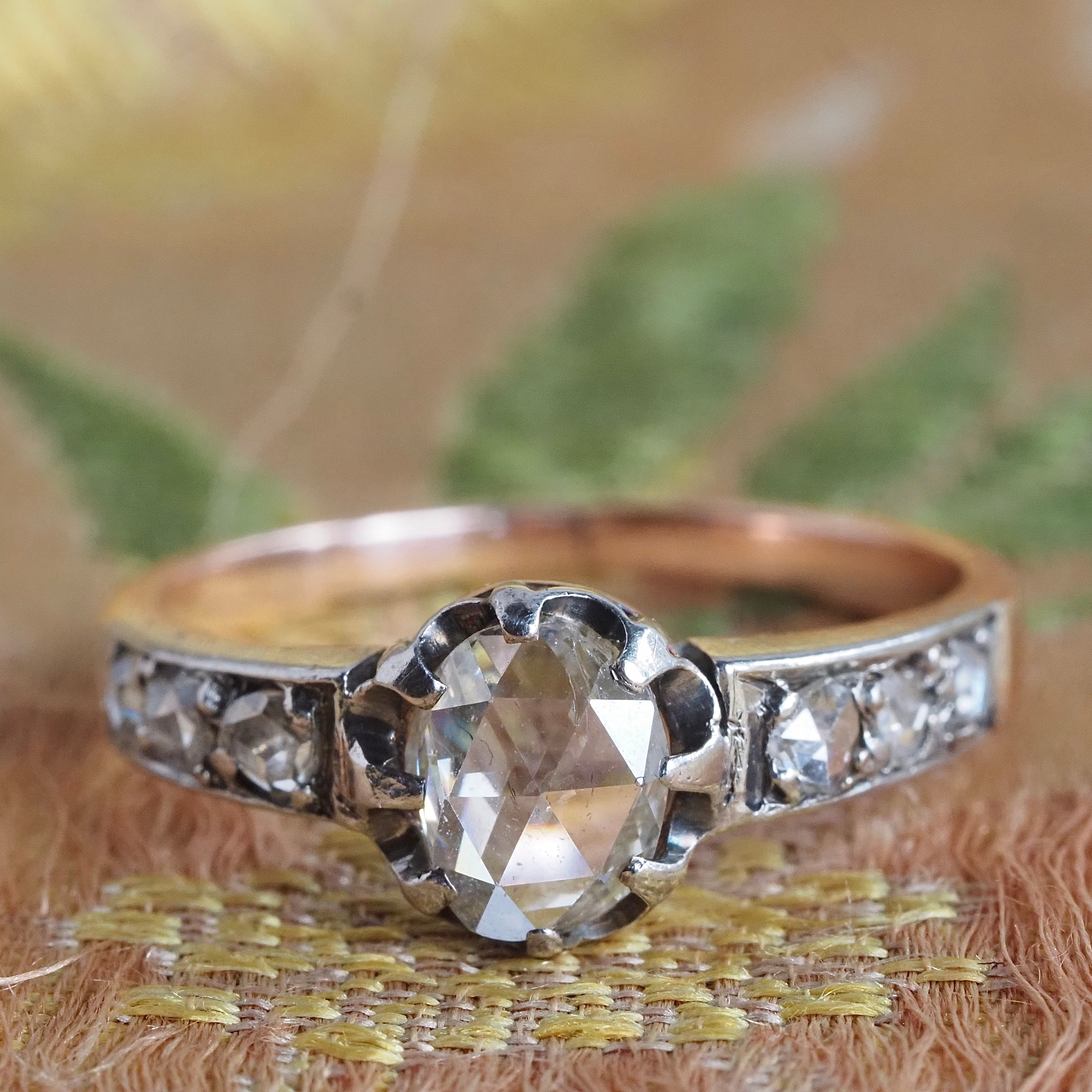 Antique Victorian Rose Cut Diamond 18k Gold and Silver Engagement Ring