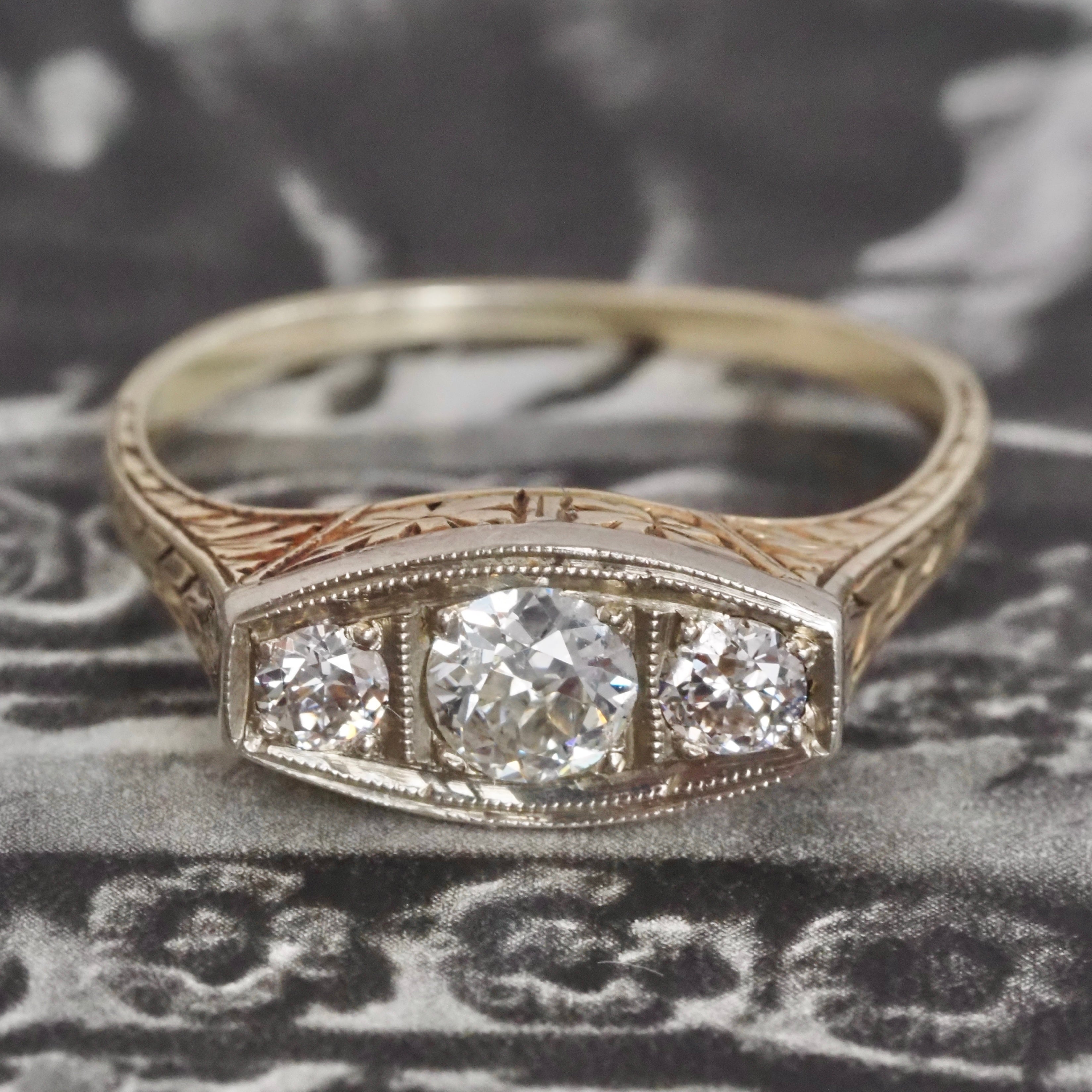 Antique Art Deco Old European Cut Diamond Trilogy 14k Gold Two Tone Engagement Ring