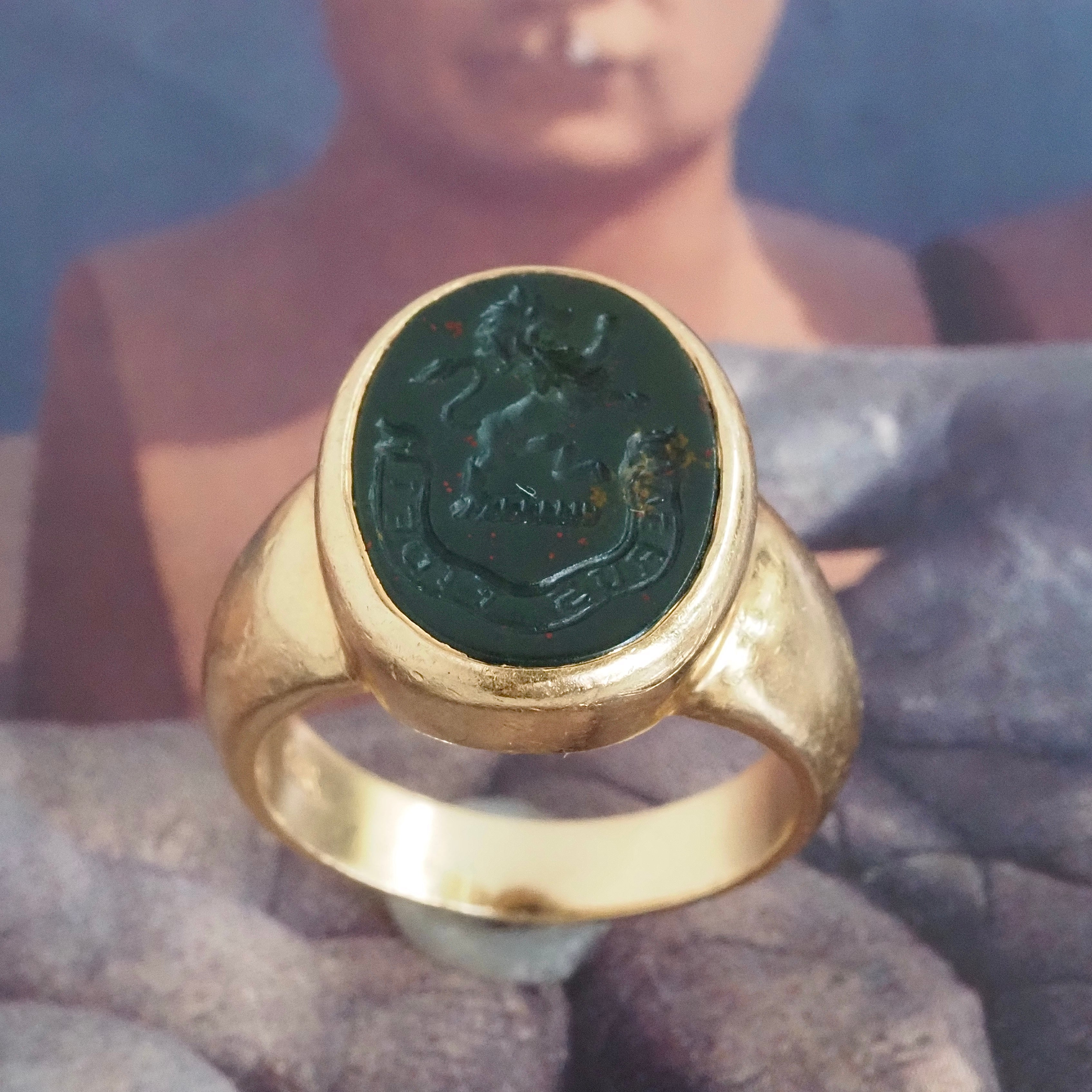 Antique Bloodstone Lion "Verus Fidelis" Intaglio 14k Gold Signet Ring