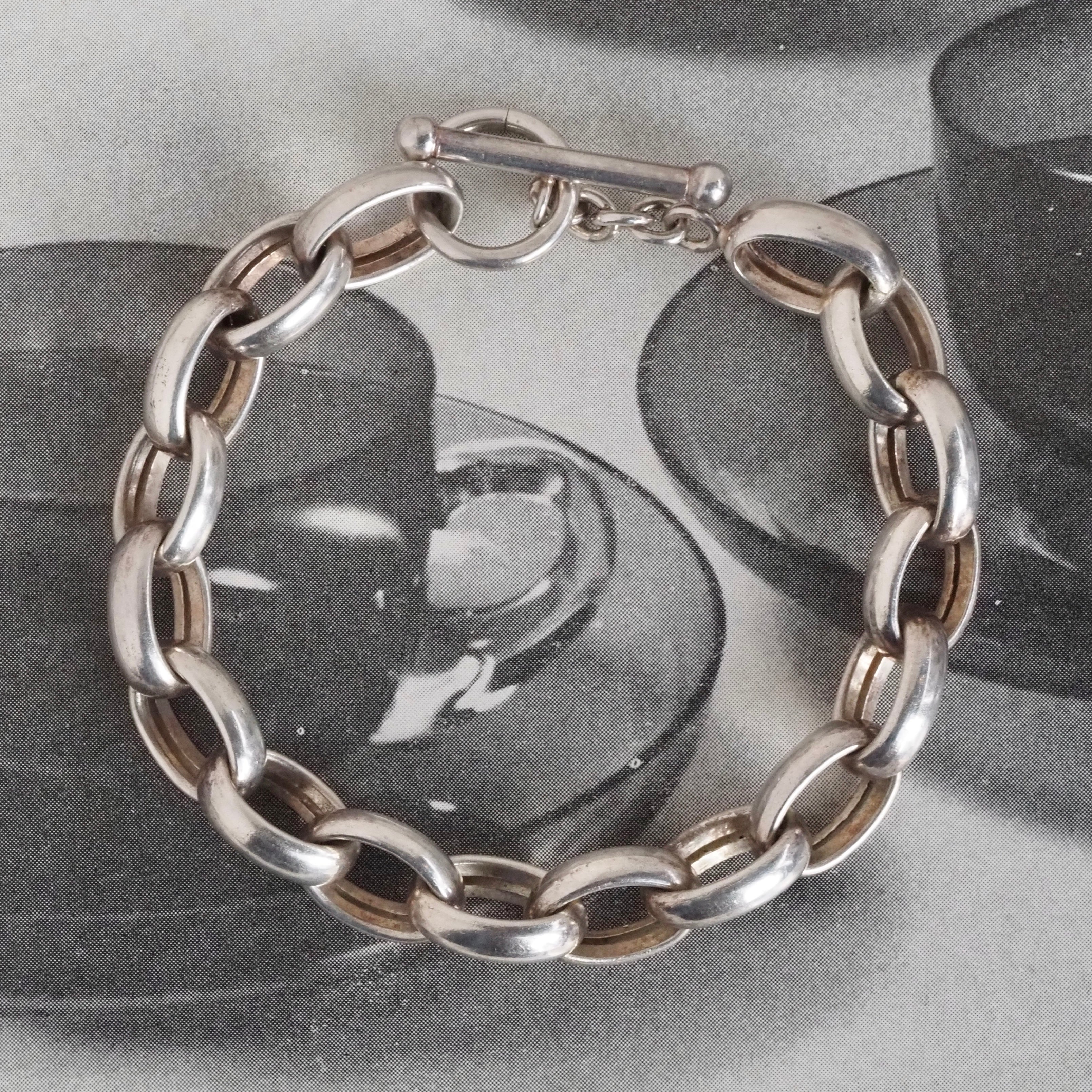 Vintage Italian Sterling Silver Puffed Cable Link Toggle Bracelet