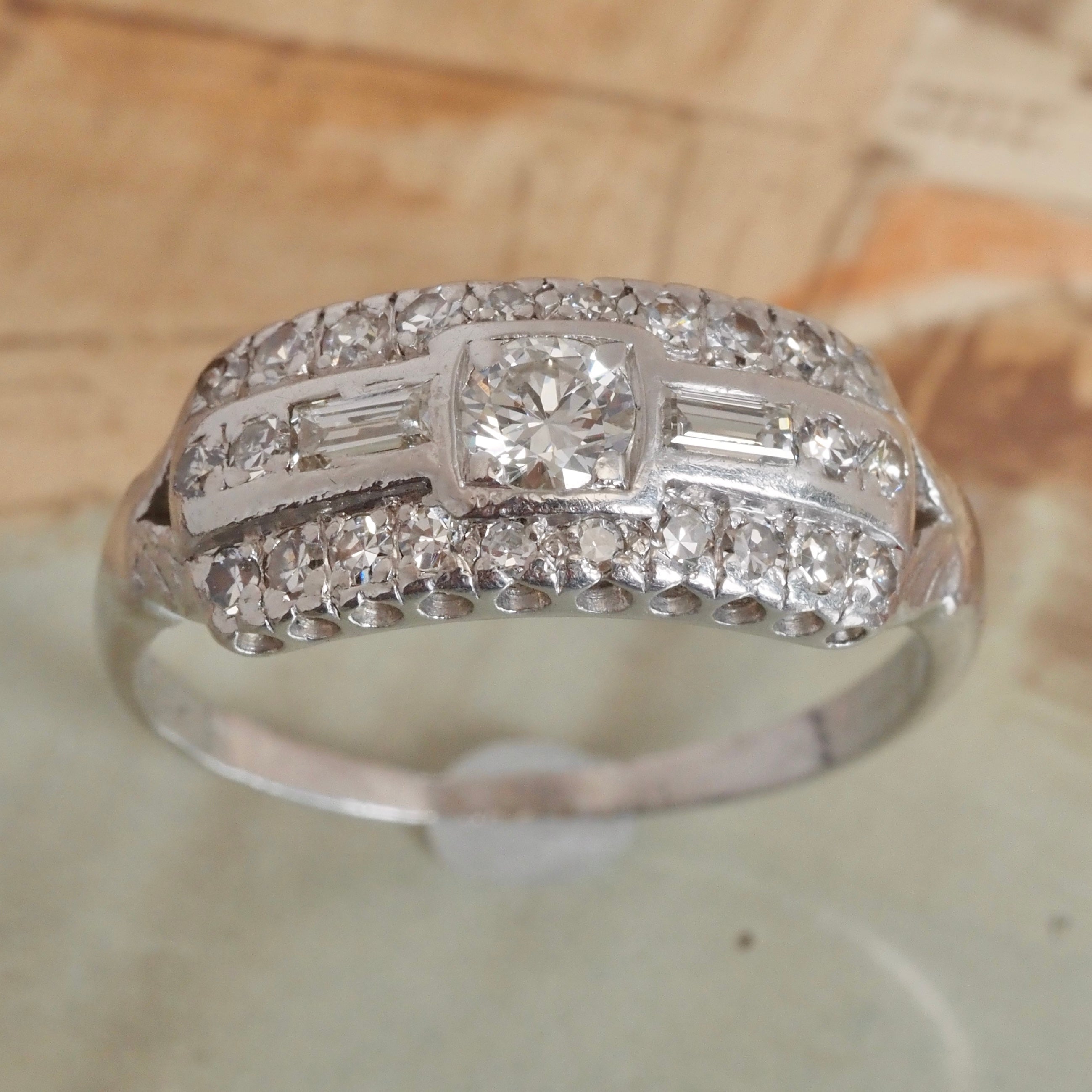 Antique Art Deco Platinum Old European Cut and Baguette Diamond Panel Ring