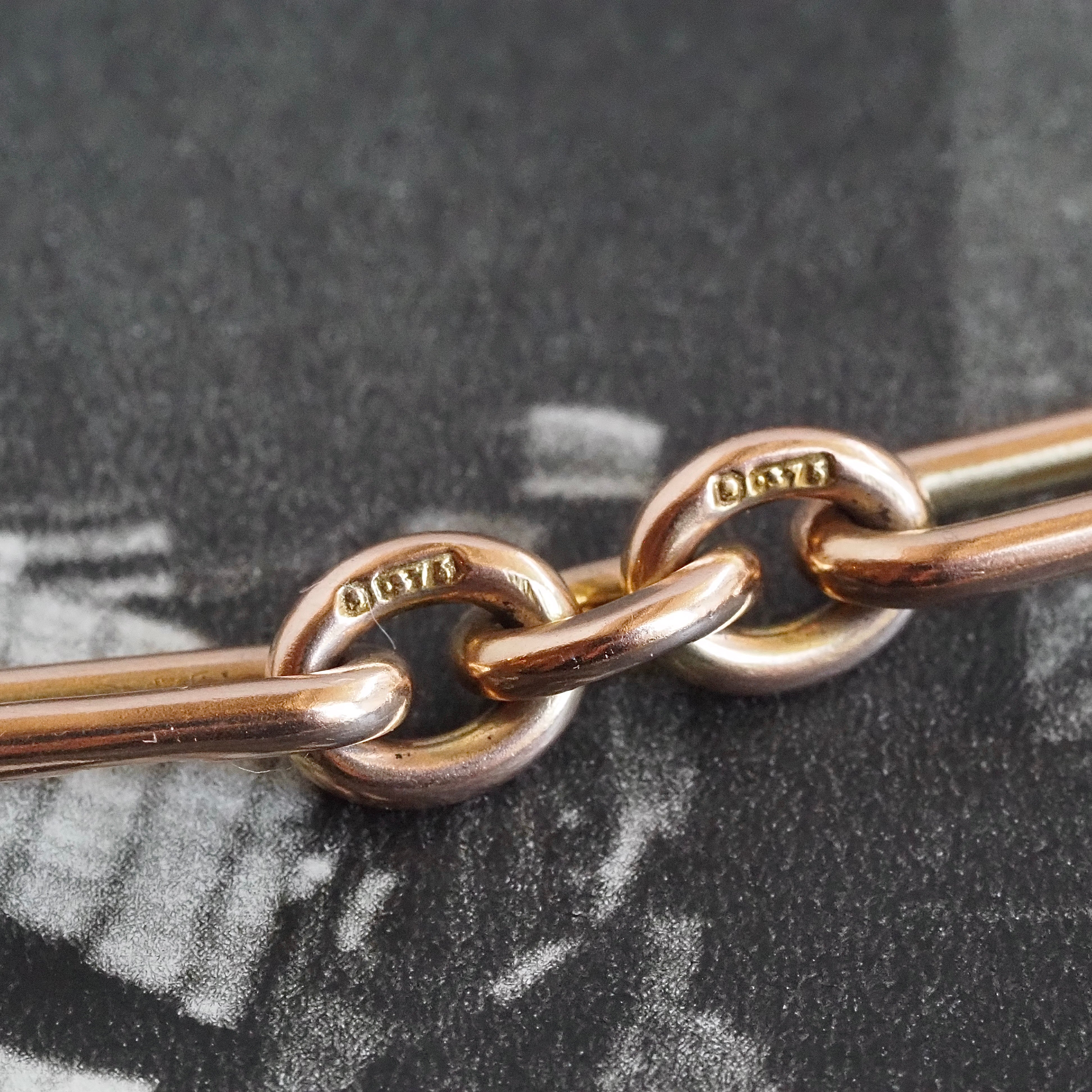 Antique c. 1901 English 9k Gold Trombone Link Albert Watch Chain Necklace with T-Bar and Dog Clips