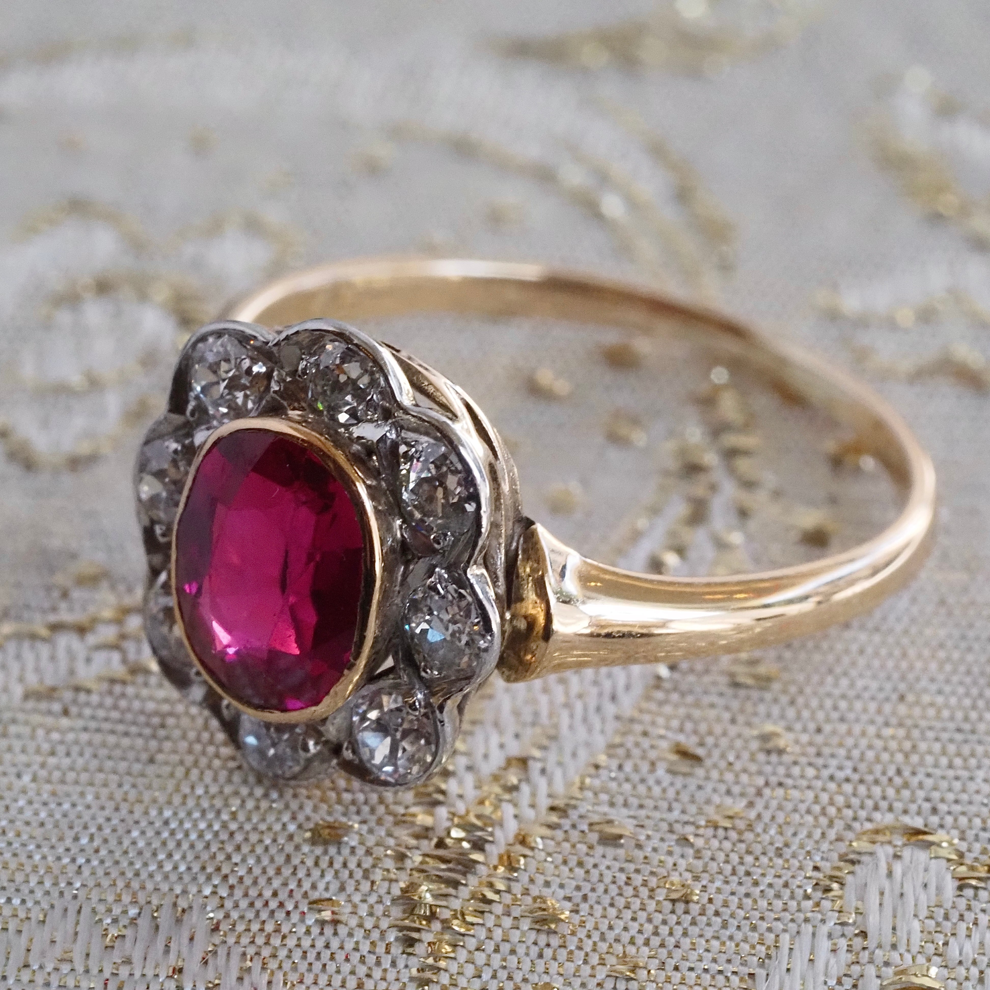 Antique Ruby and Old Mine Cut Diamond Flower 14k Gold Ring