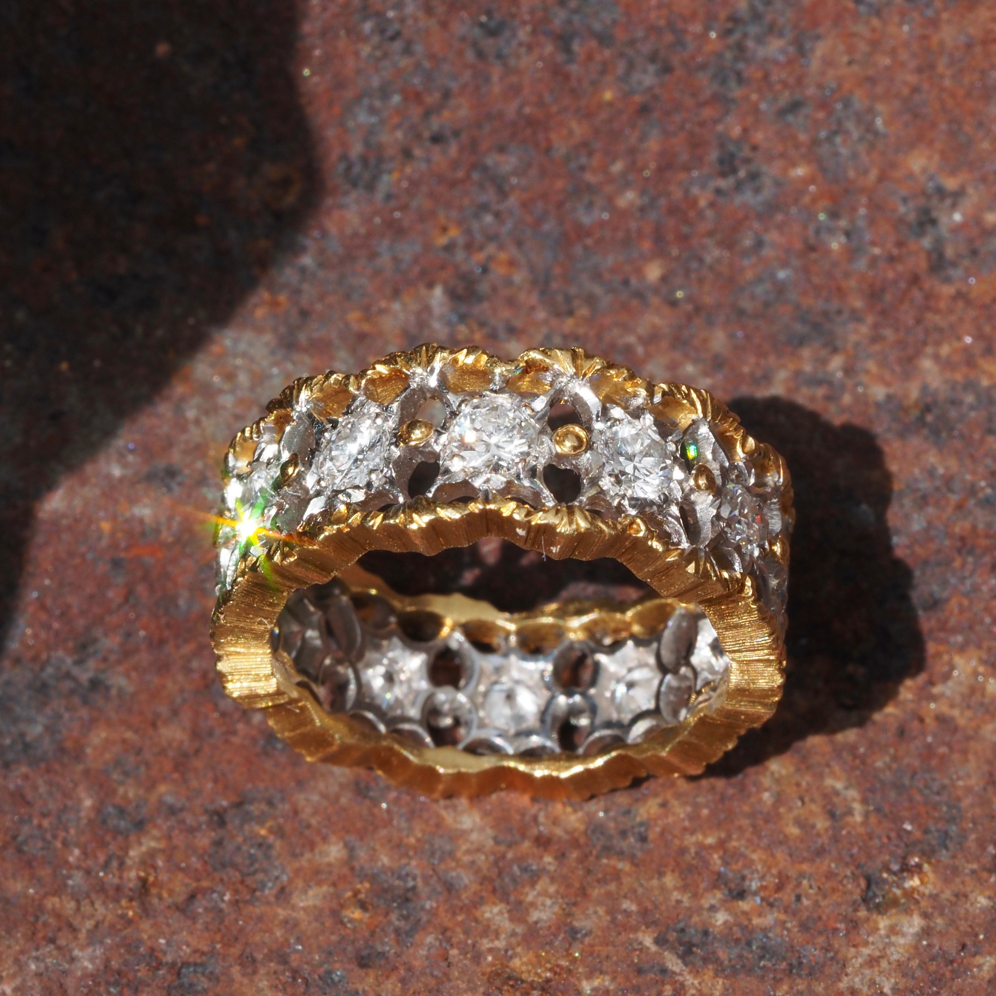 Vintage Italian 18k White and Yellow Gold Diamond Rigato Lace Eternity Ring