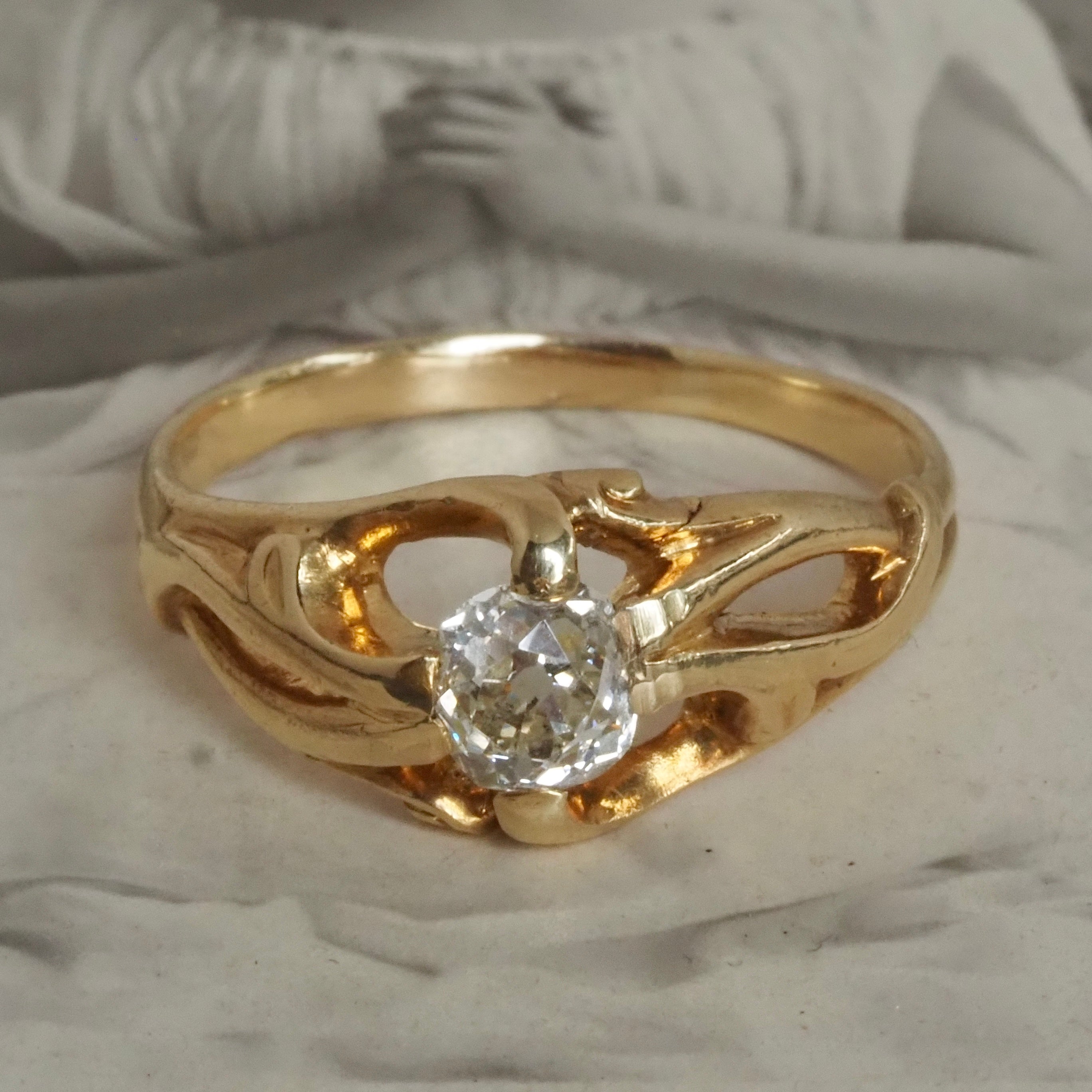 Antique French Art Nouveau Old Mine Cut Diamond 18k Gold Belcher Engagement Ring