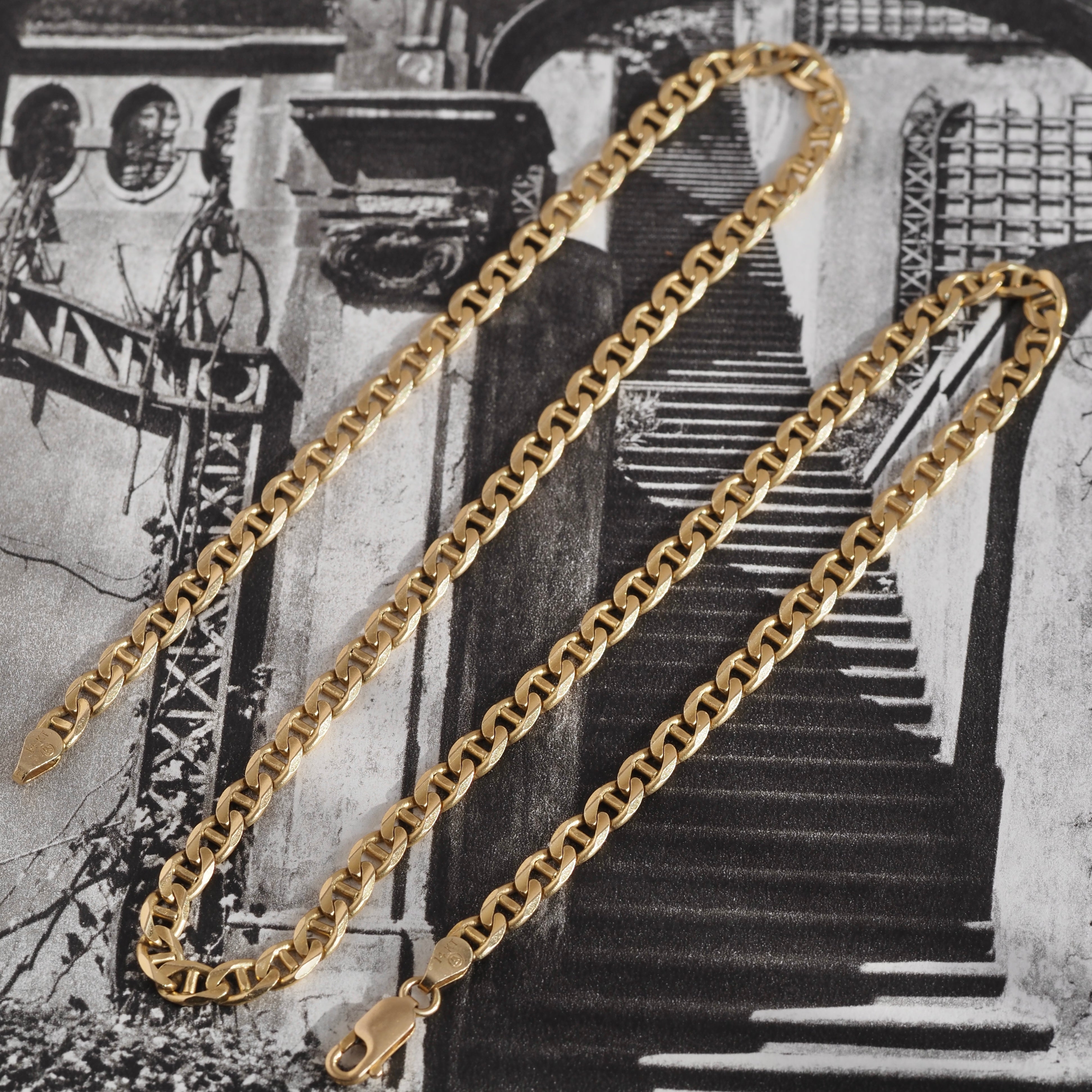 Vintage Italian Faceted Solid Link Mariner Chain 14k Gold 20" Necklace