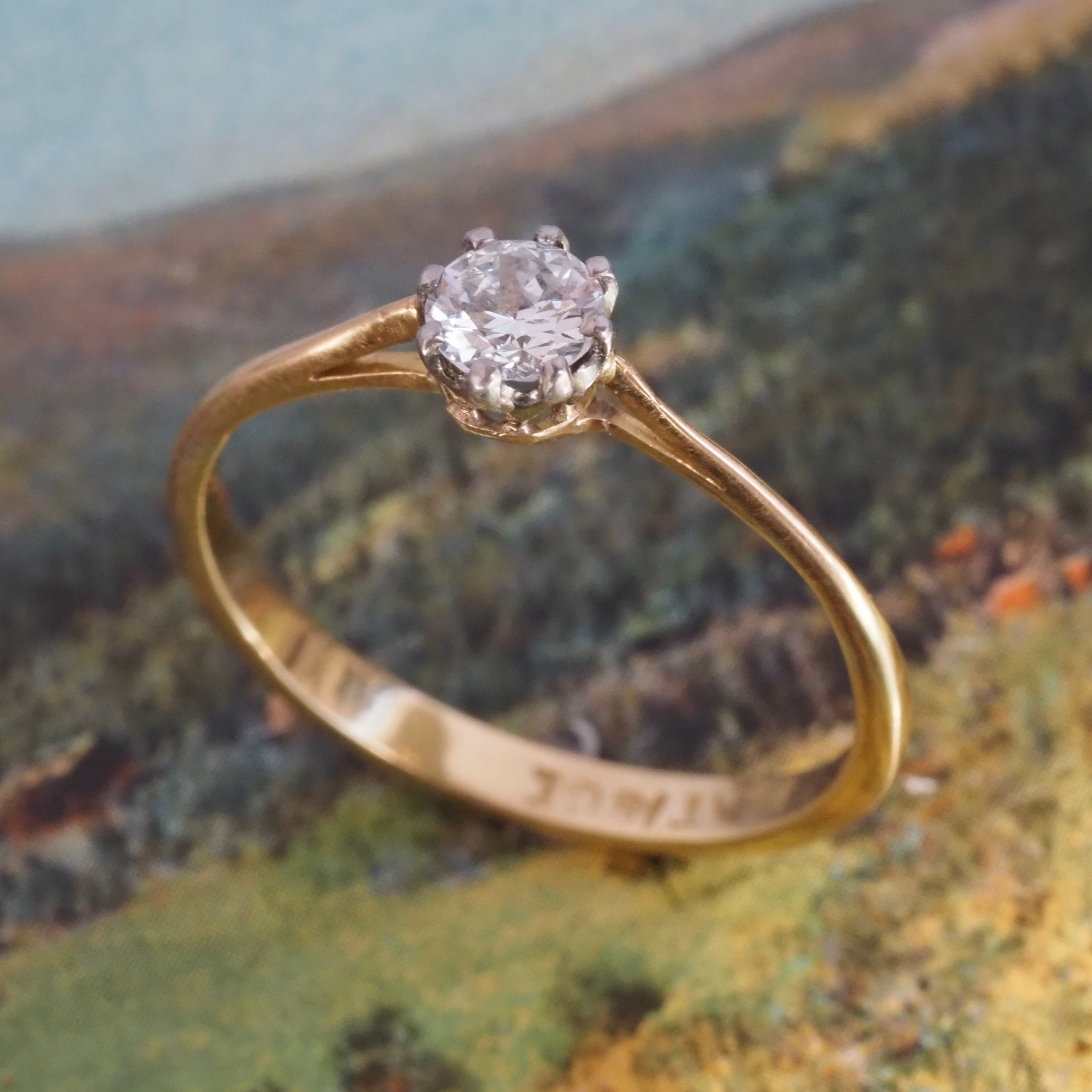 Antique English 18k Gold Platinum Round Brilliant Cut Diamond Solitaire Ring