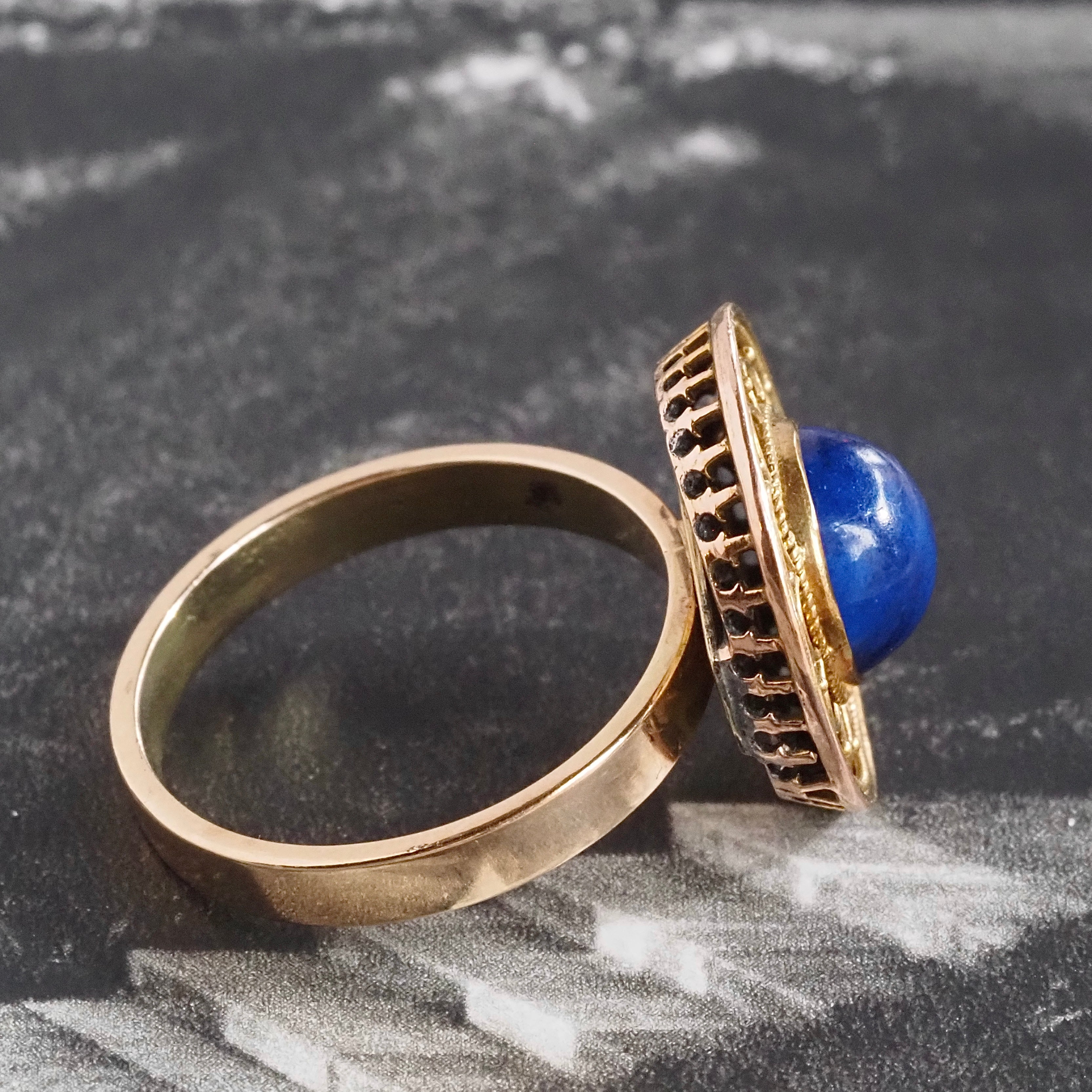 Antique Victorian Etruscan Revival Lapis 14k Gold Disc Ring